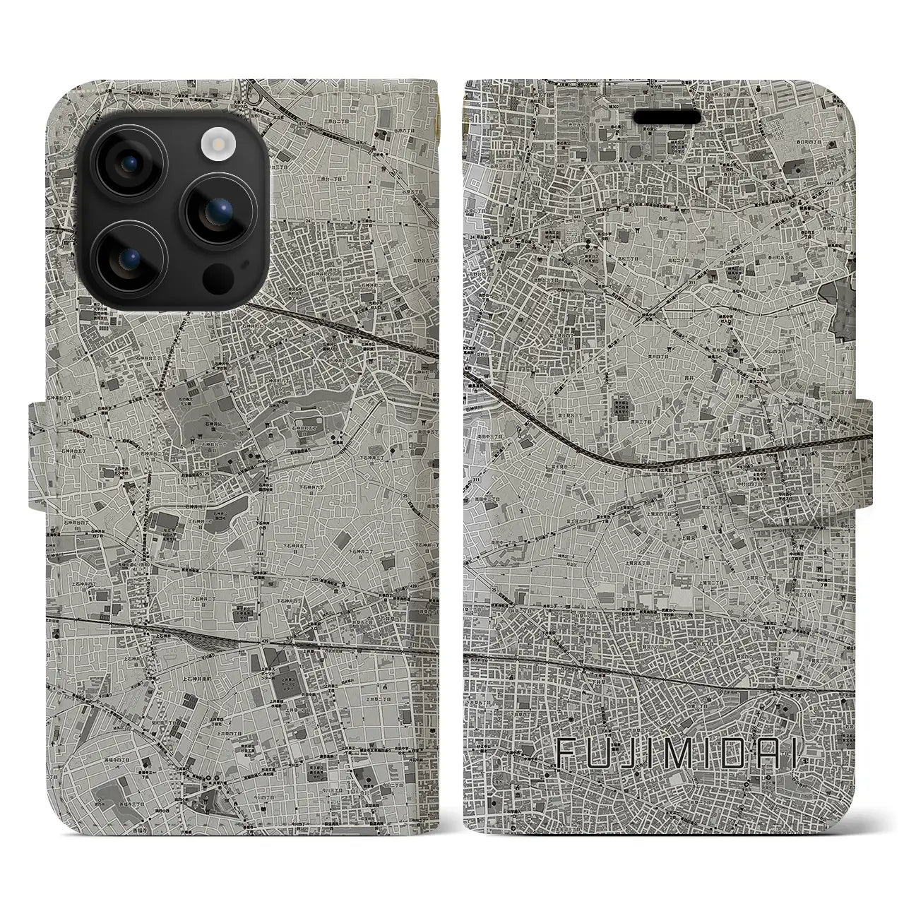 【富士見台(東京都)】地図柄iPhoneケース(手帳タイプ)モノトーン・iPhone 16 用