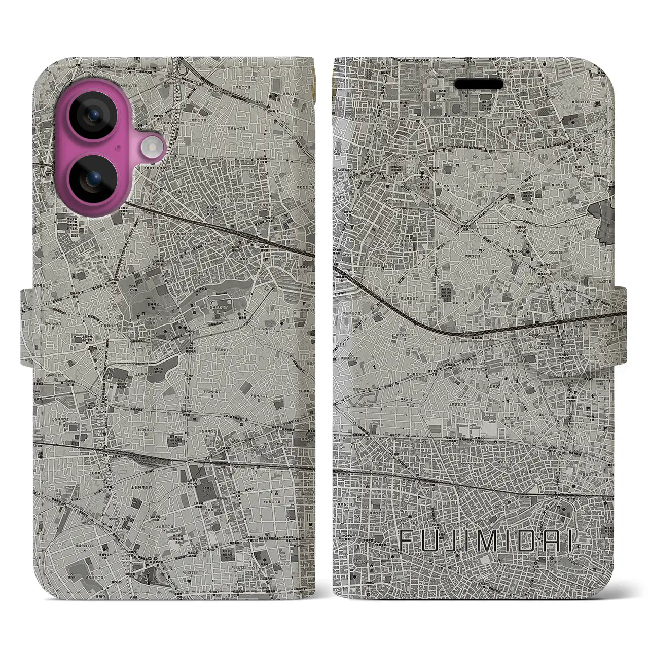 【富士見台(東京都)】地図柄iPhoneケース(手帳タイプ)モノトーン・iPhone 16 Pro 用