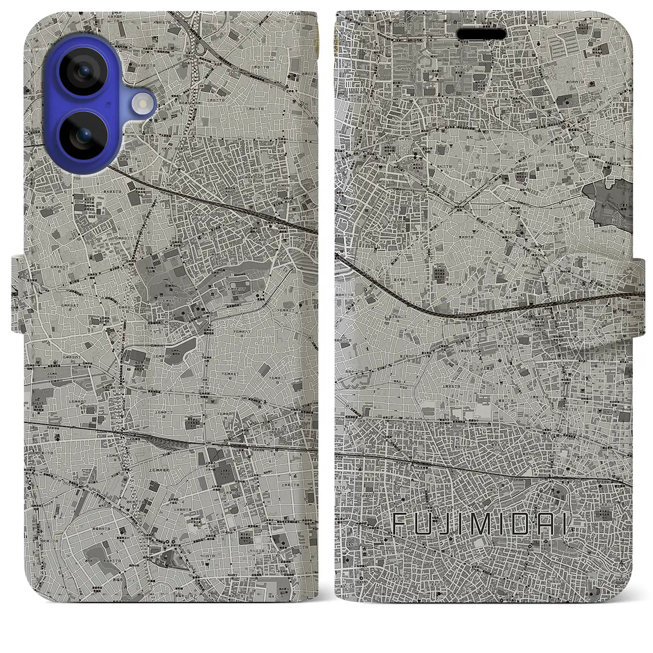 【富士見台(東京都)】地図柄iPhoneケース(手帳タイプ)モノトーン・iPhone 16 Pro Max 用