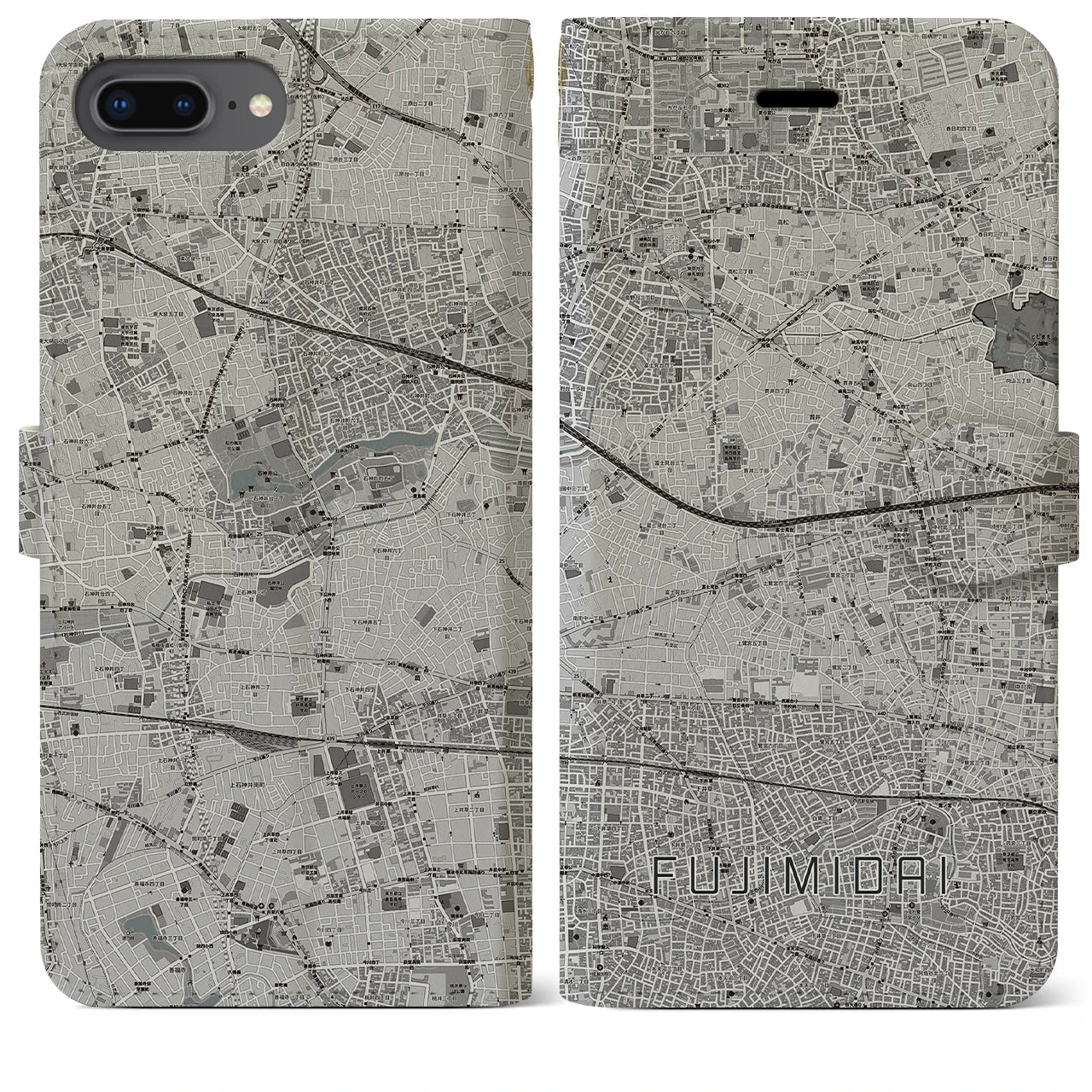 【富士見台(東京都)】地図柄iPhoneケース(手帳タイプ)モノトーン・iPhone 8Plus /7Plus / 6sPlus / 6Plus 用