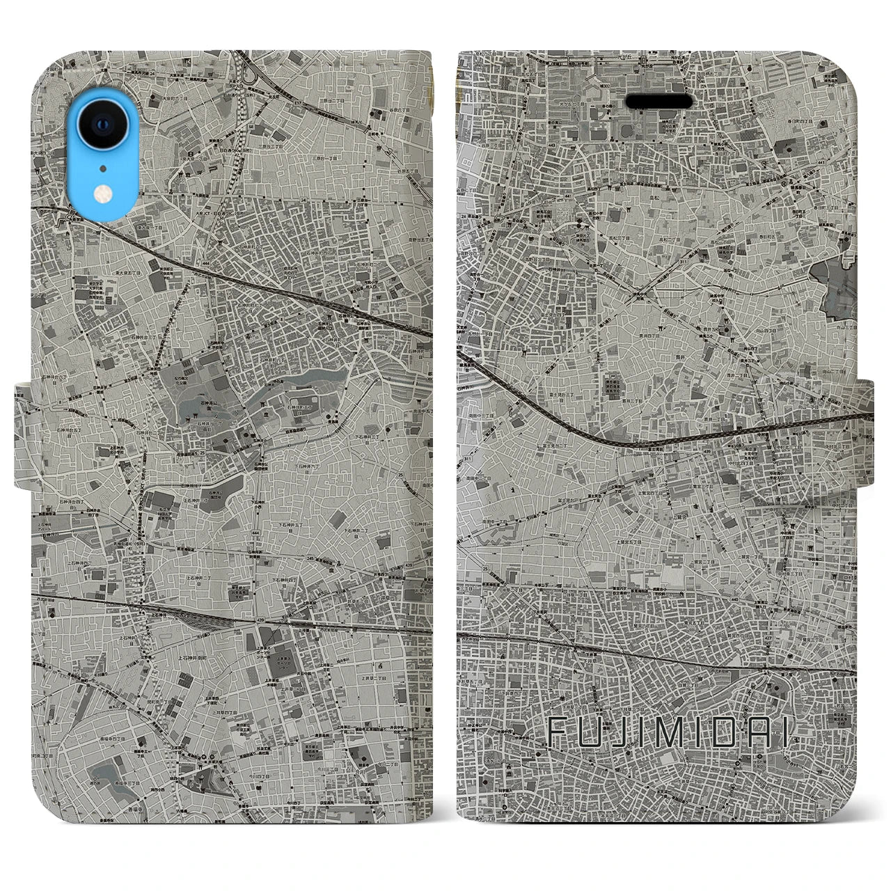 【富士見台(東京都)】地図柄iPhoneケース(手帳タイプ)モノトーン・iPhone XR 用