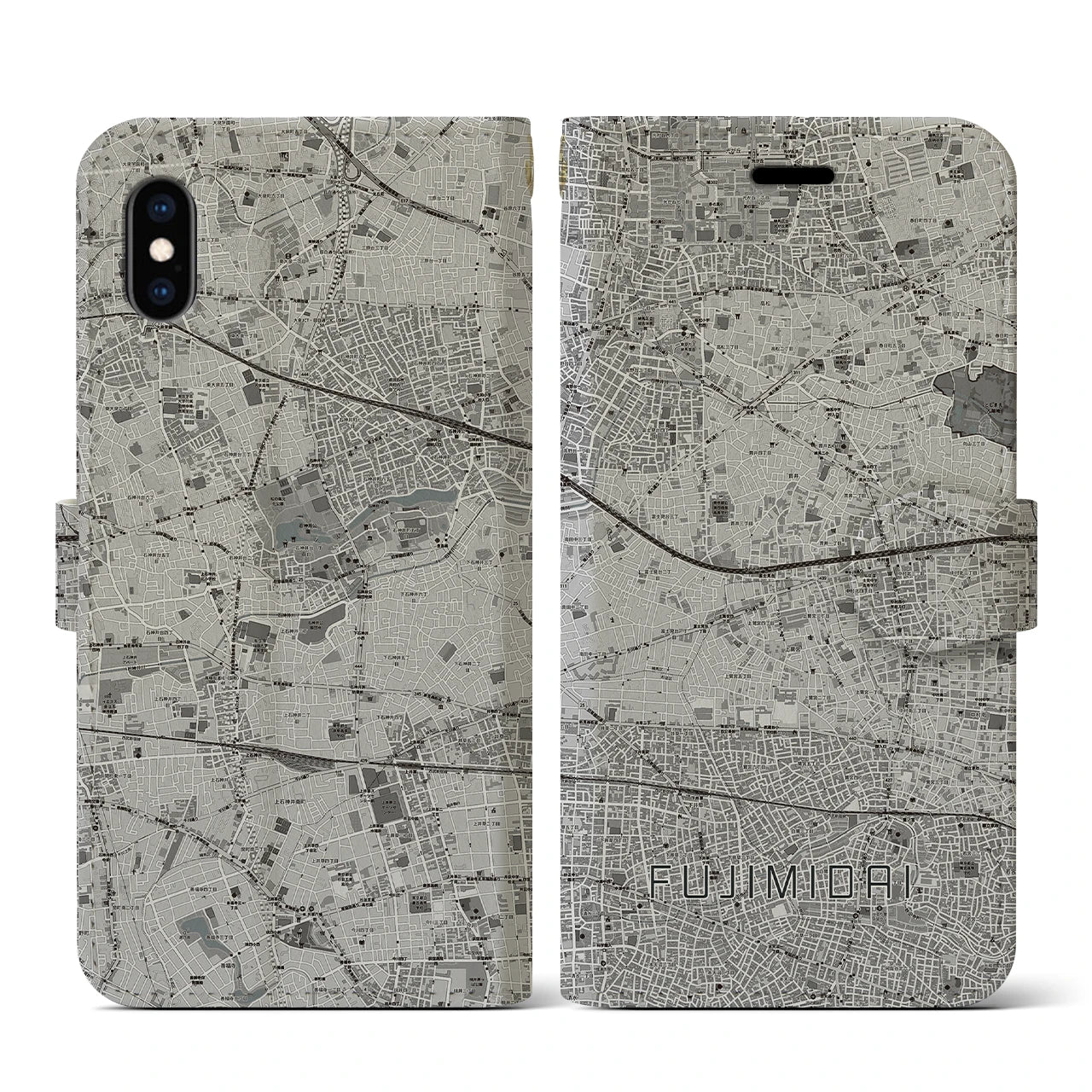 【富士見台(東京都)】地図柄iPhoneケース(手帳タイプ)モノトーン・iPhone XS / X 用