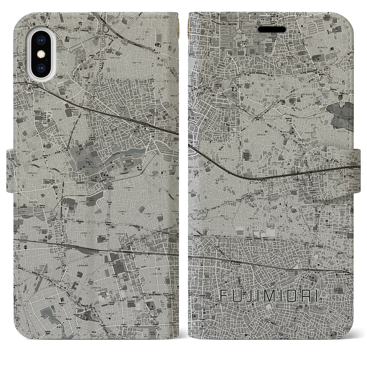 【富士見台(東京都)】地図柄iPhoneケース(手帳タイプ)モノトーン・iPhone XS Max 用