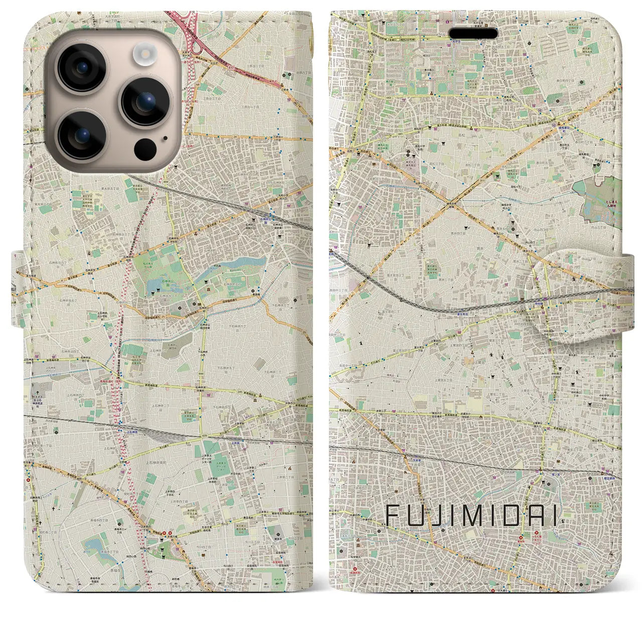 【富士見台(東京都)】地図柄iPhoneケース(手帳タイプ)ナチュラル・iPhone 16 Plus 用