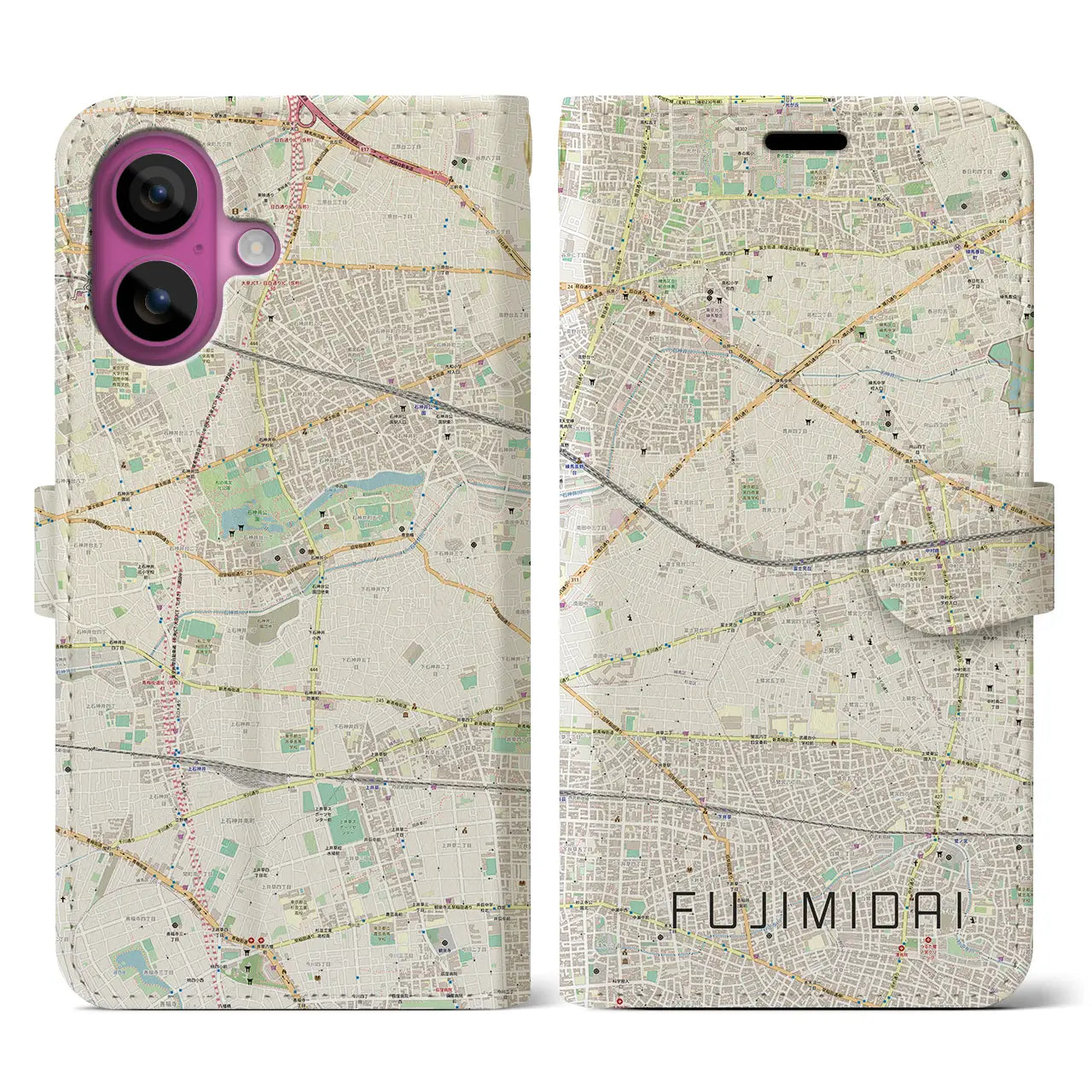 【富士見台(東京都)】地図柄iPhoneケース(手帳タイプ)ナチュラル・iPhone 16 Pro 用