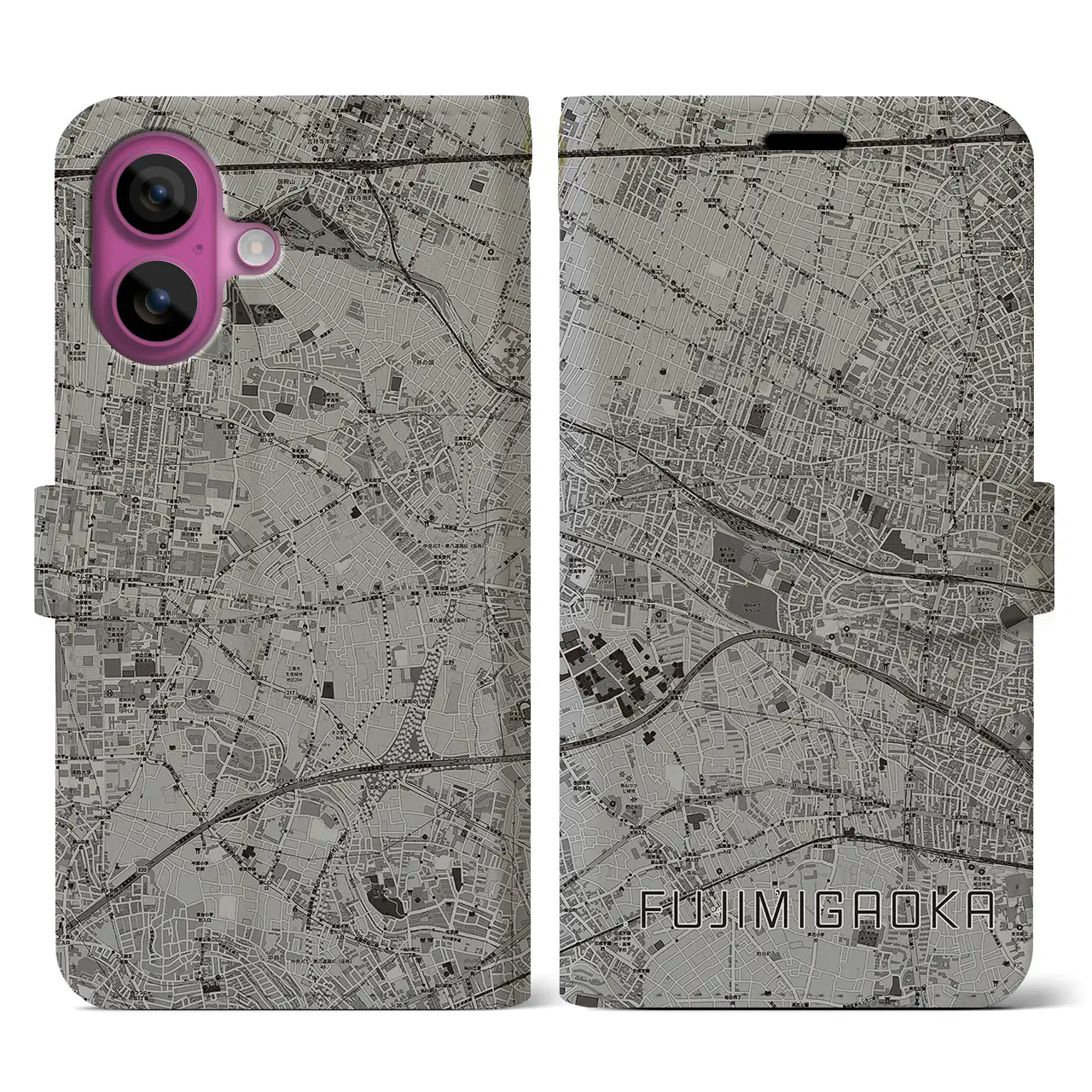 【富士見ヶ丘(東京都)】地図柄iPhoneケース(手帳タイプ)モノトーン・iPhone 16 Pro 用