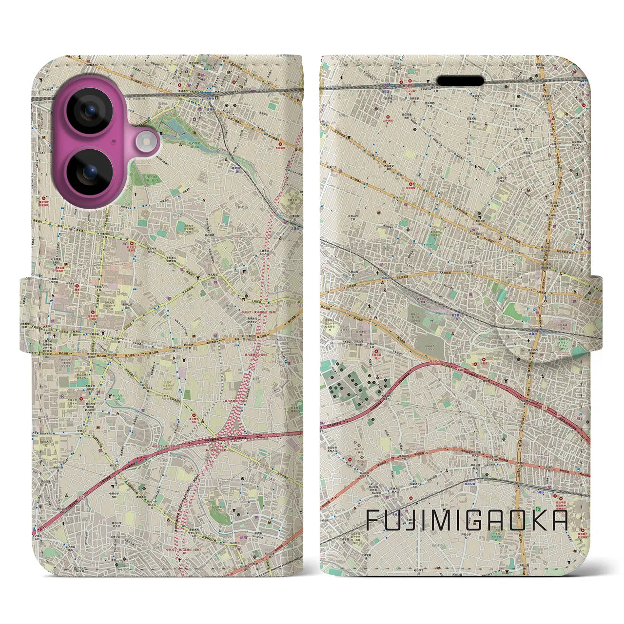 【富士見ヶ丘(東京都)】地図柄iPhoneケース(手帳タイプ)ナチュラル・iPhone 16 Pro 用