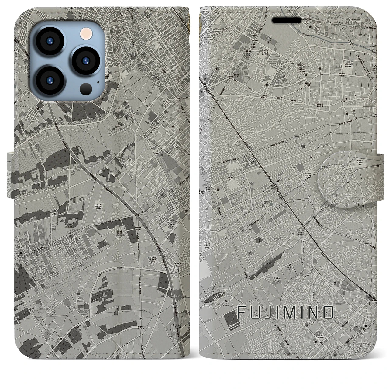 【ふじみ野(埼玉県)】地図柄iPhoneケース(手帳タイプ)モノトーン・iPhone 13 Pro Max 用