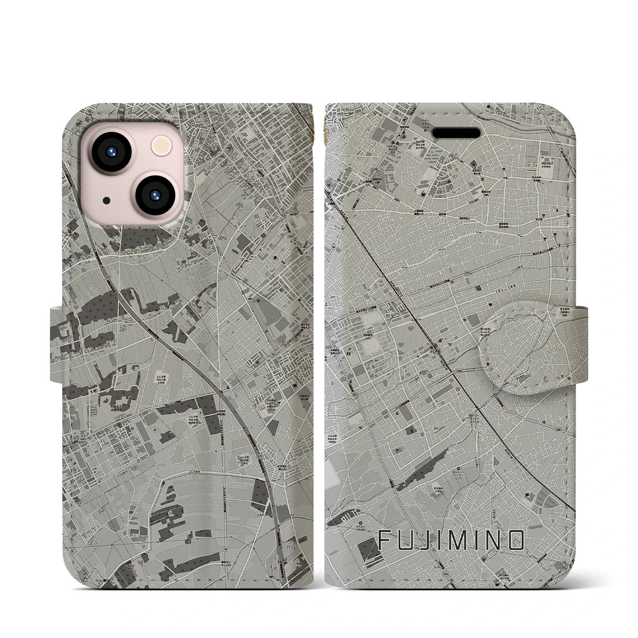 【ふじみ野(埼玉県)】地図柄iPhoneケース(手帳タイプ)モノトーン・iPhone 13 mini 用