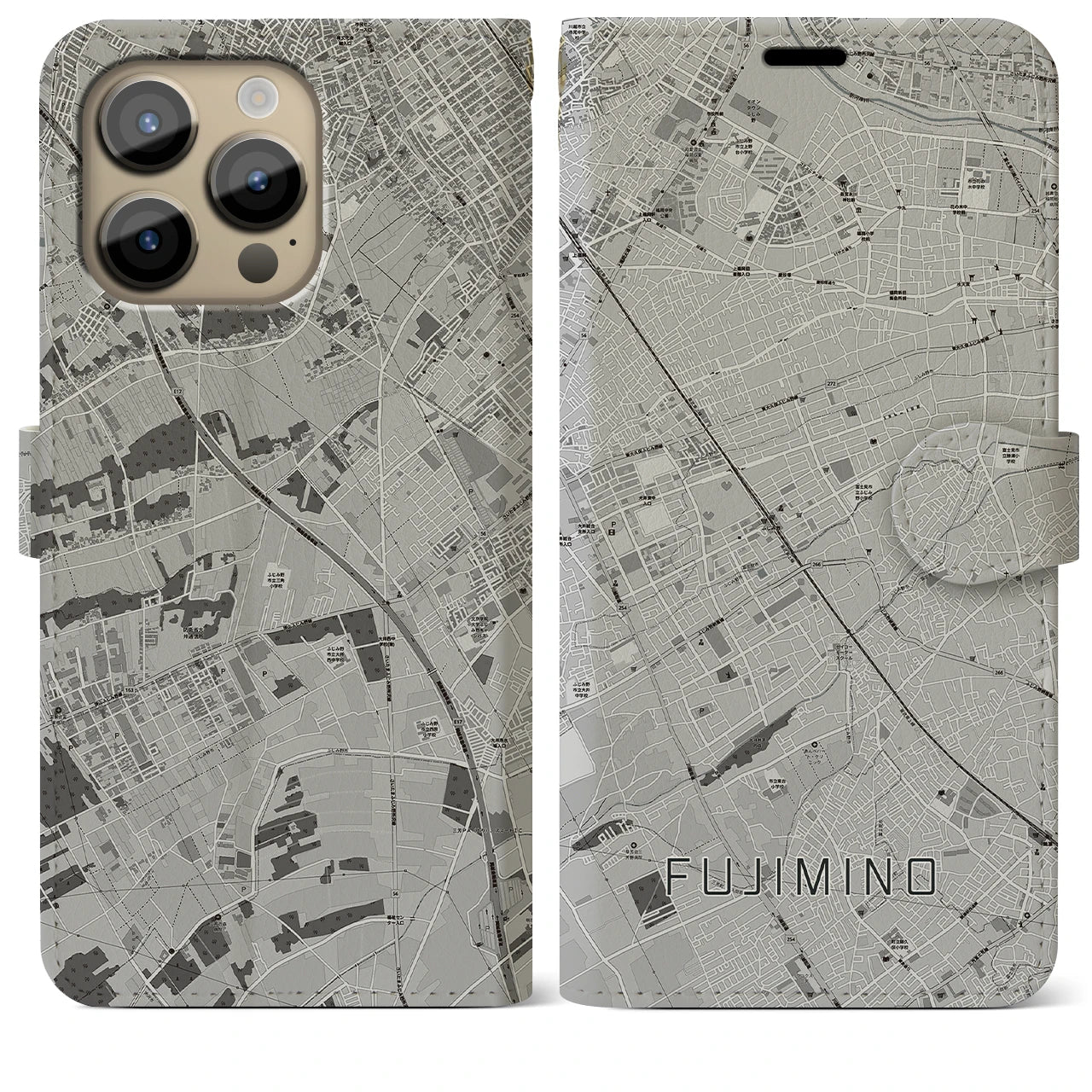 【ふじみ野(埼玉県)】地図柄iPhoneケース(手帳タイプ)モノトーン・iPhone 14 Pro Max 用