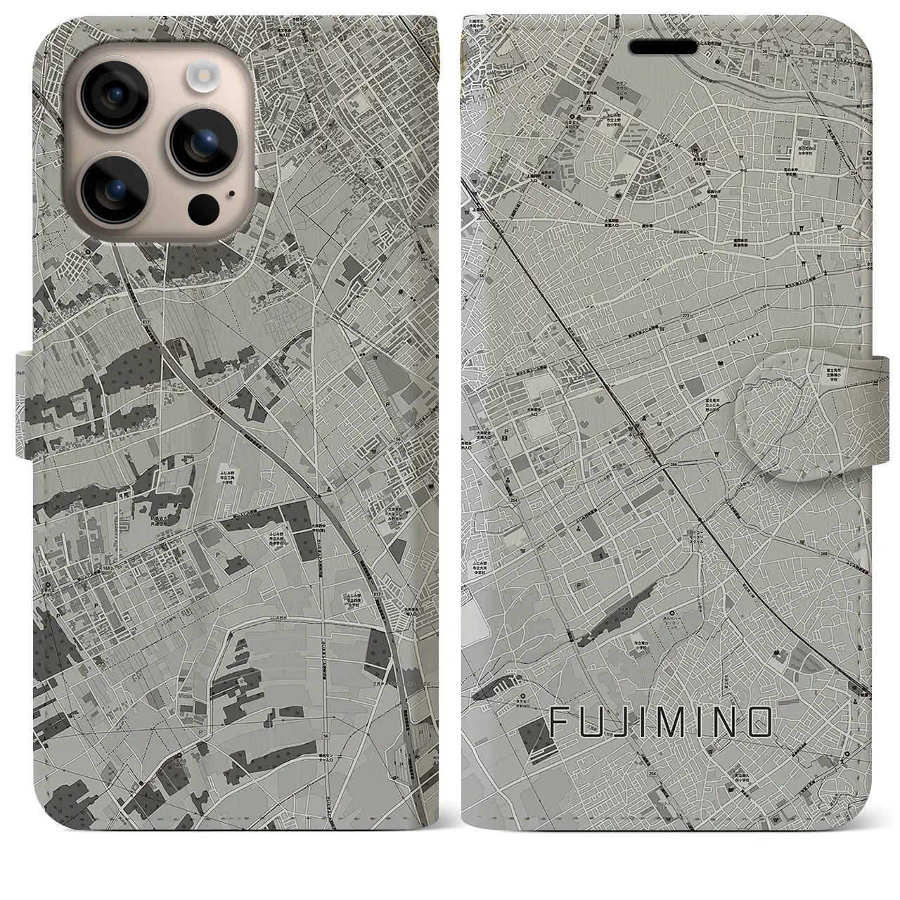 【ふじみ野(埼玉県)】地図柄iPhoneケース(手帳タイプ)モノトーン・iPhone 16 Plus 用