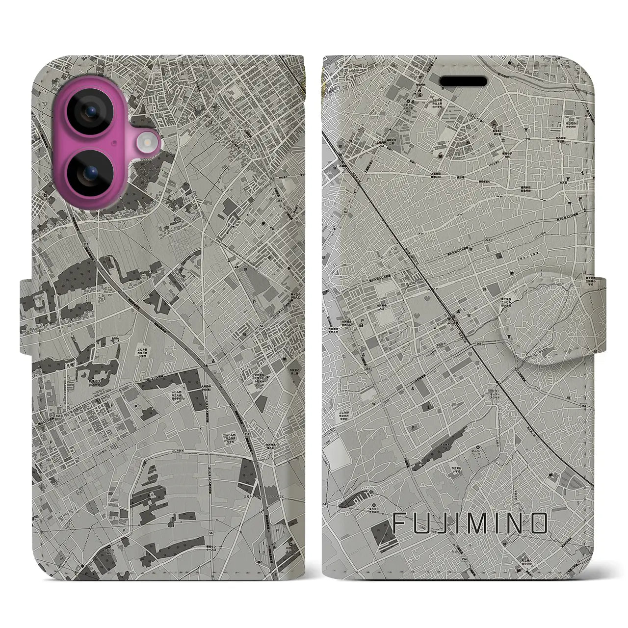 【ふじみ野(埼玉県)】地図柄iPhoneケース(手帳タイプ)モノトーン・iPhone 16 Pro 用