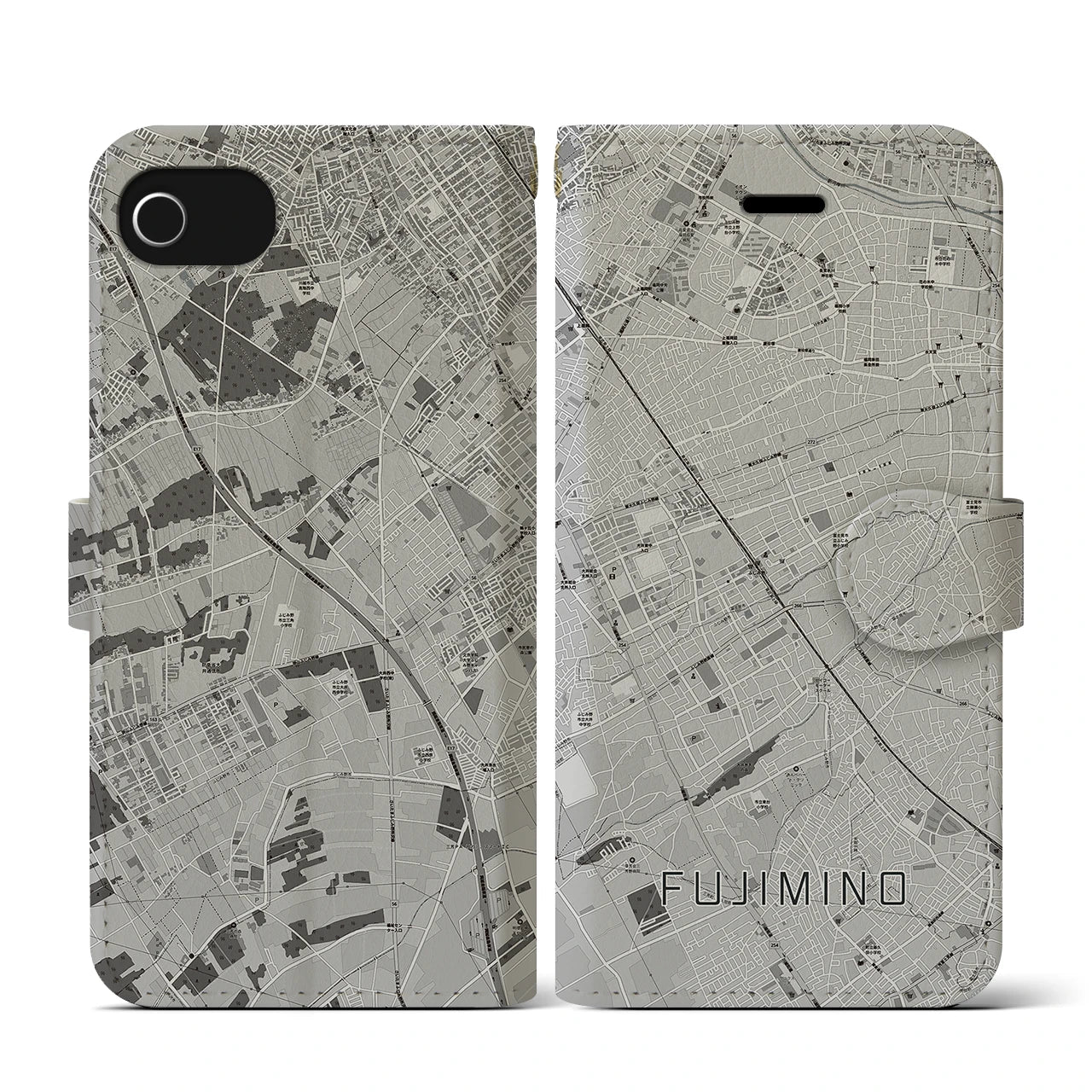 【ふじみ野(埼玉県)】地図柄iPhoneケース(手帳タイプ)モノトーン・iPhone SE(第3 / 第2世代) / 8 / 7 / 6s / 6 用