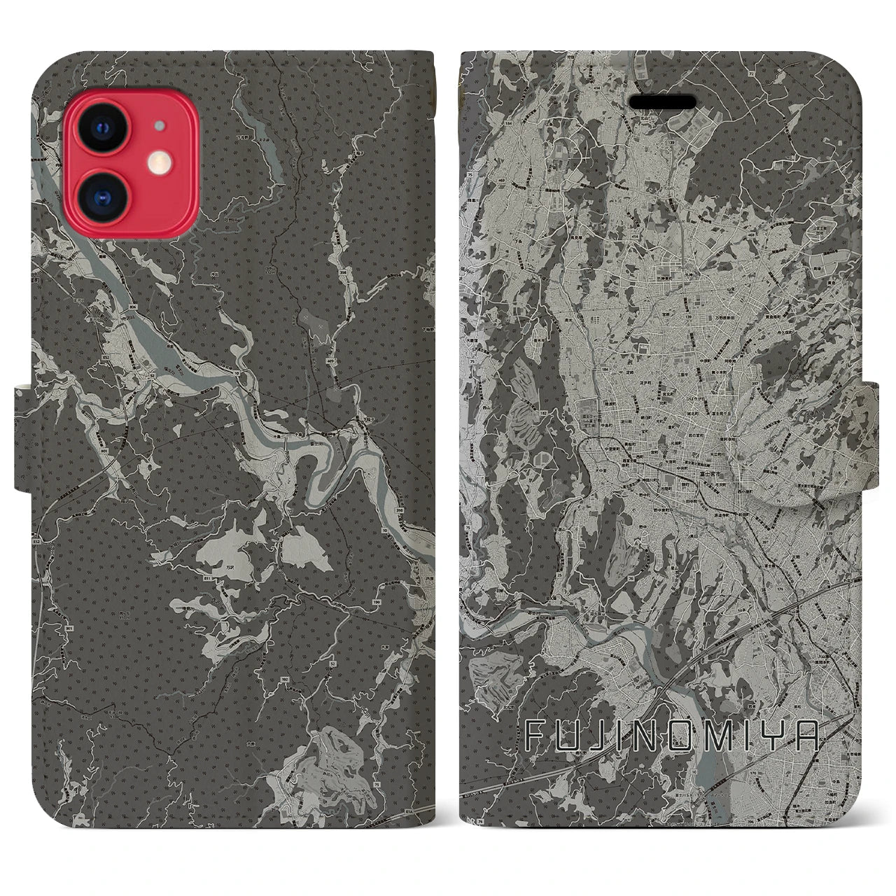 【富士宮(静岡県)】地図柄iPhoneケース(手帳タイプ)モノトーン・iPhone 11 用