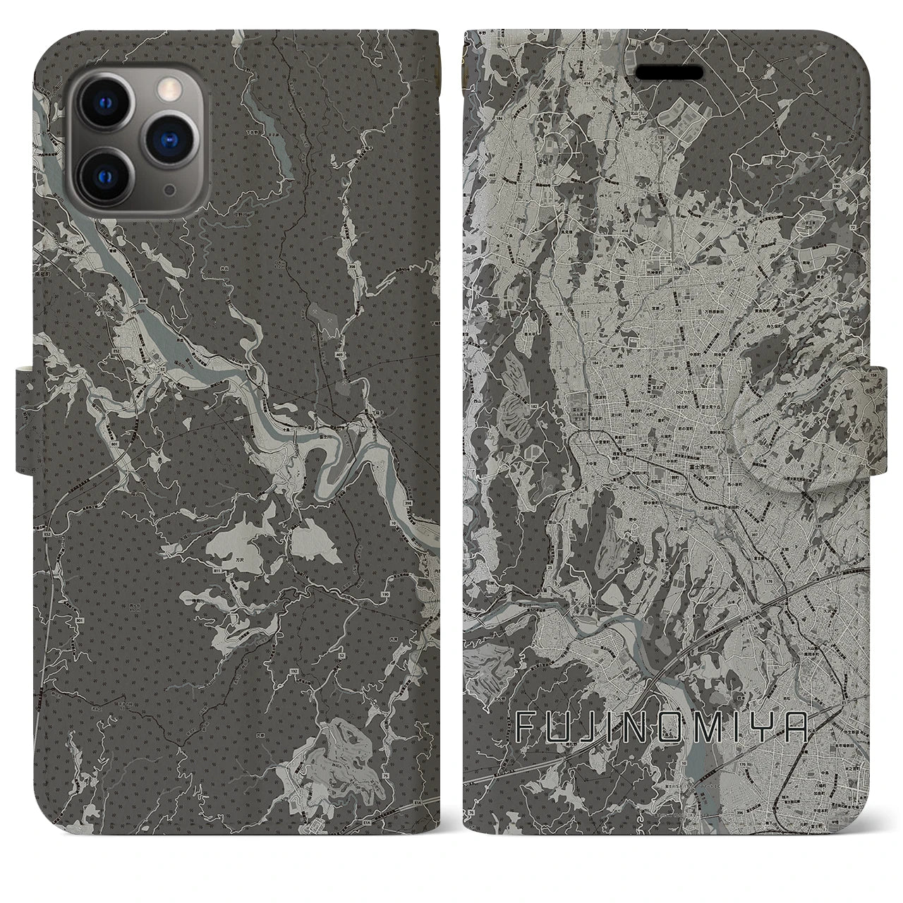 【富士宮(静岡県)】地図柄iPhoneケース(手帳タイプ)モノトーン・iPhone 11 Pro Max 用