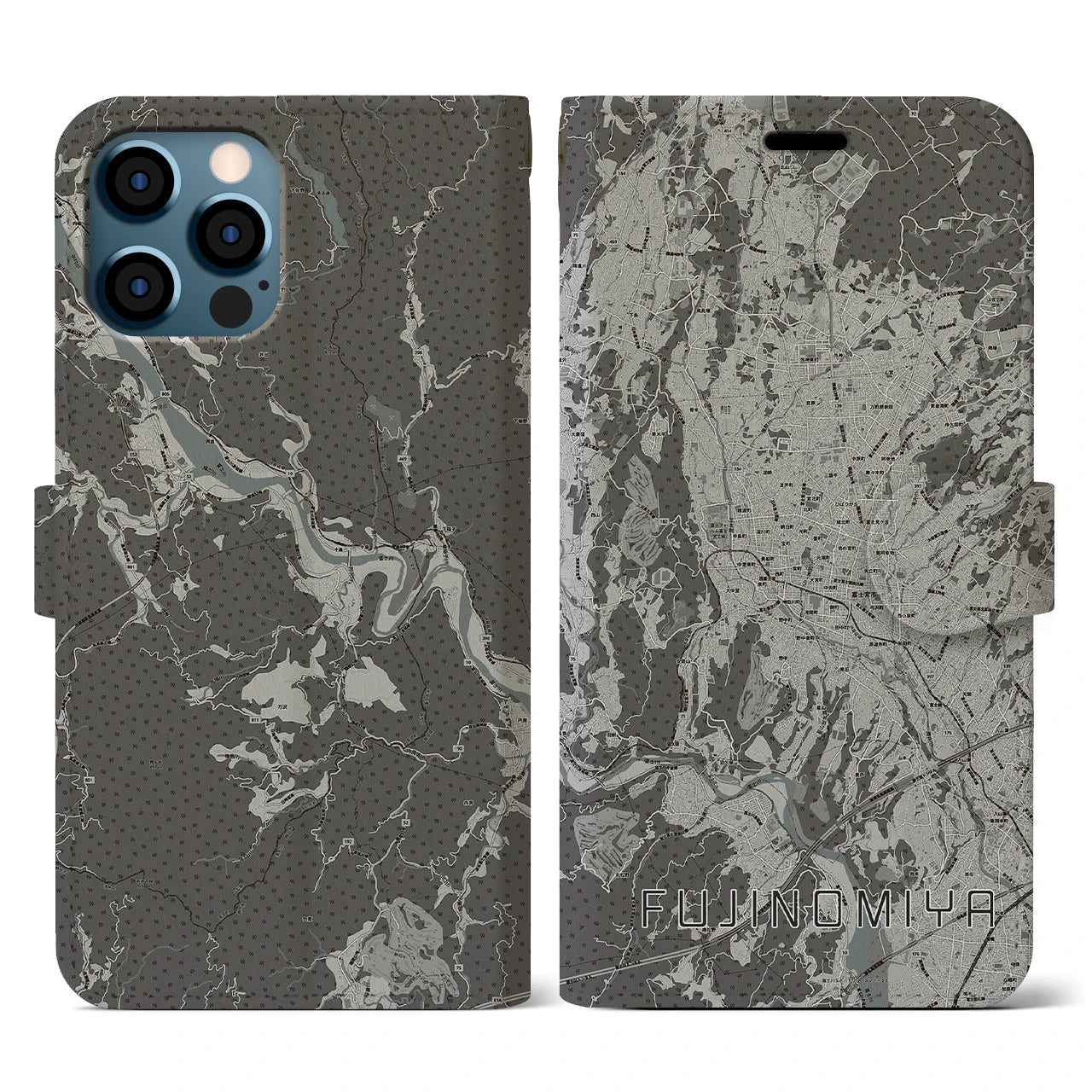 【富士宮(静岡県)】地図柄iPhoneケース(手帳タイプ)モノトーン・iPhone 12 / 12 Pro 用