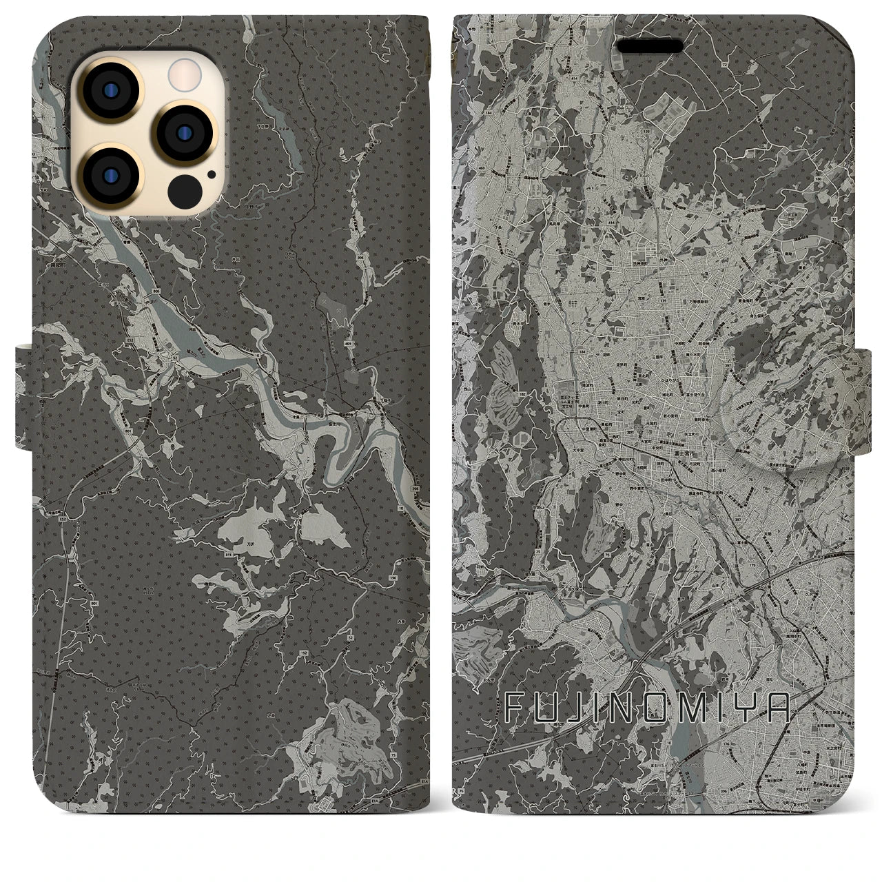 【富士宮(静岡県)】地図柄iPhoneケース(手帳タイプ)モノトーン・iPhone 12 Pro Max 用