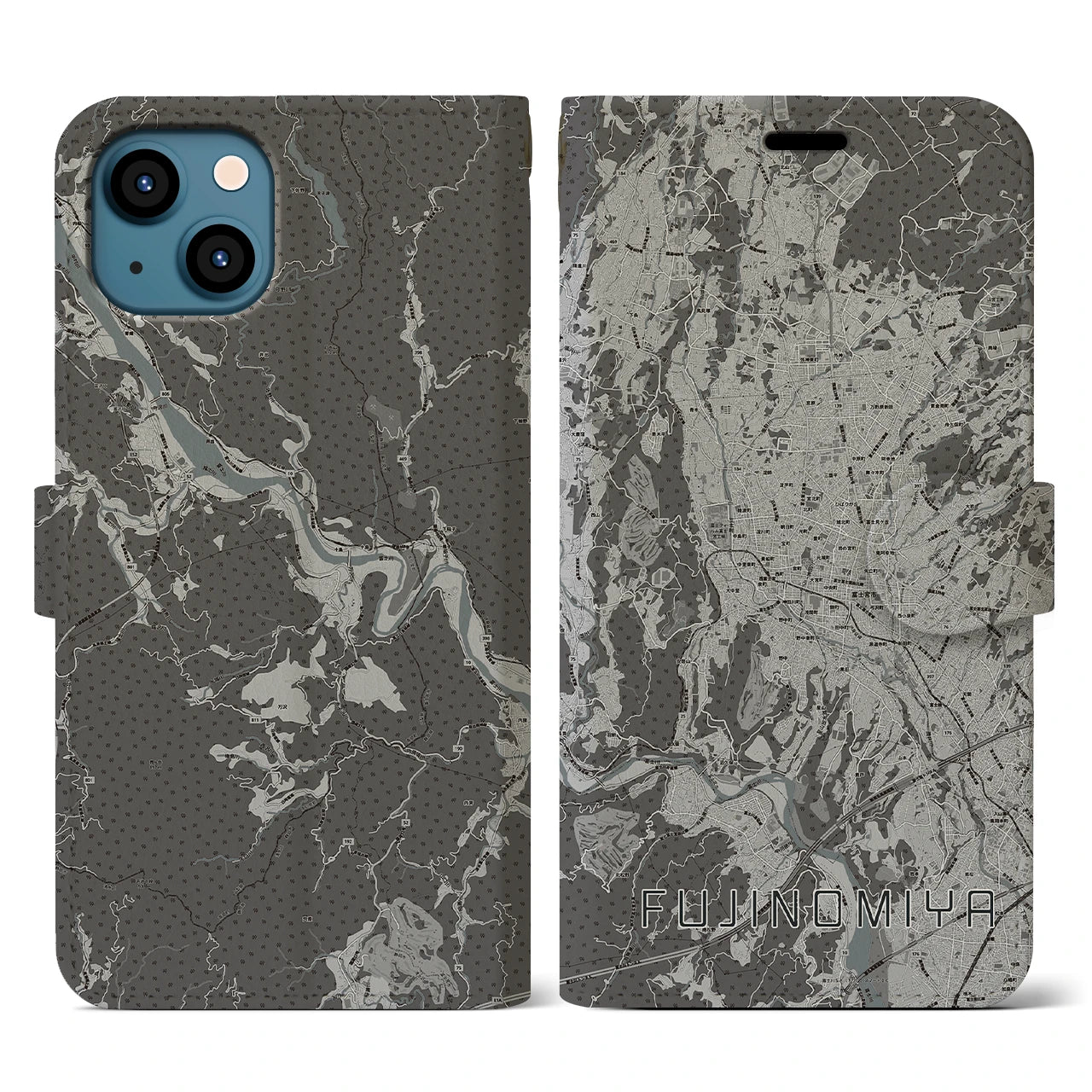 【富士宮(静岡県)】地図柄iPhoneケース(手帳タイプ)モノトーン・iPhone 13 用