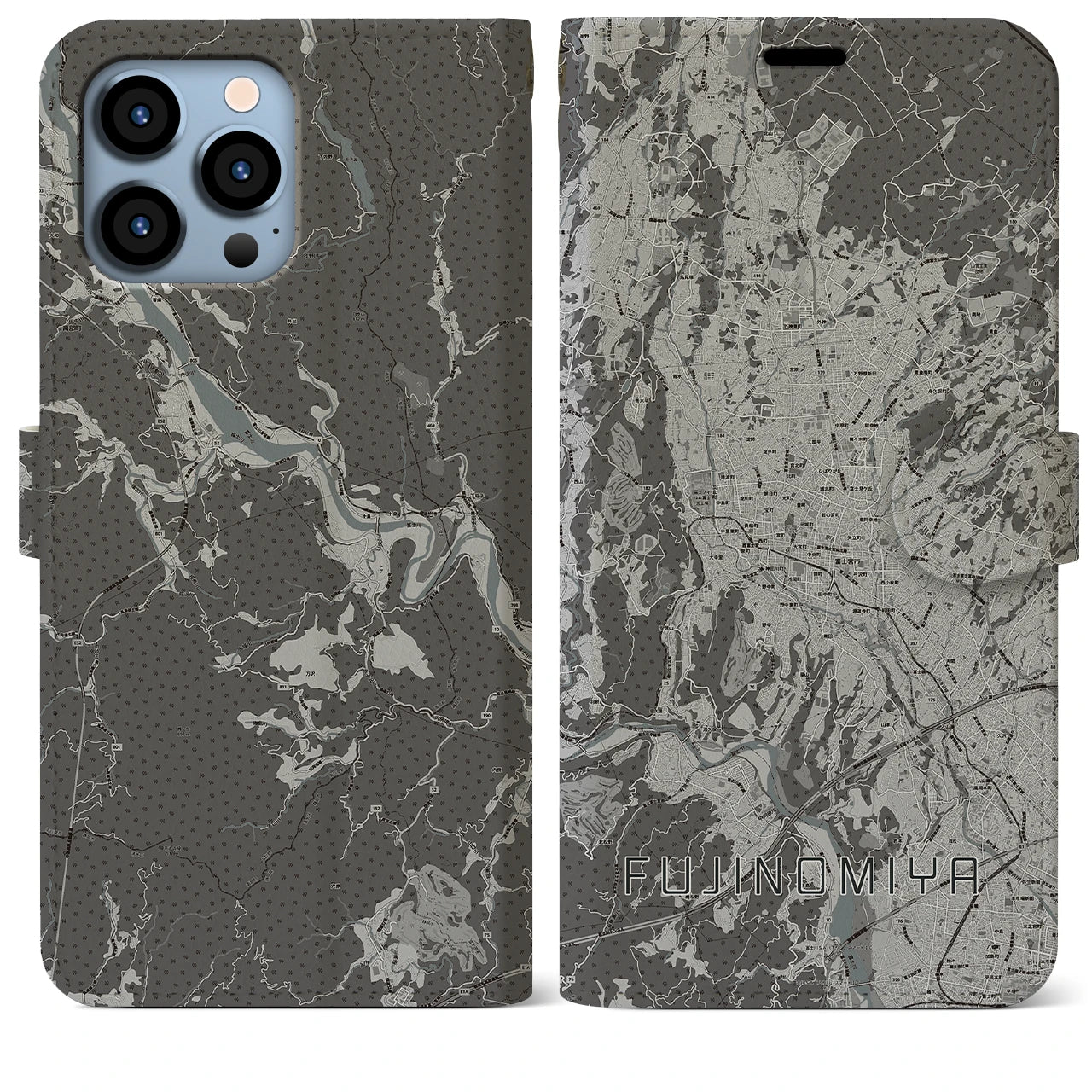 【富士宮(静岡県)】地図柄iPhoneケース(手帳タイプ)モノトーン・iPhone 13 Pro Max 用