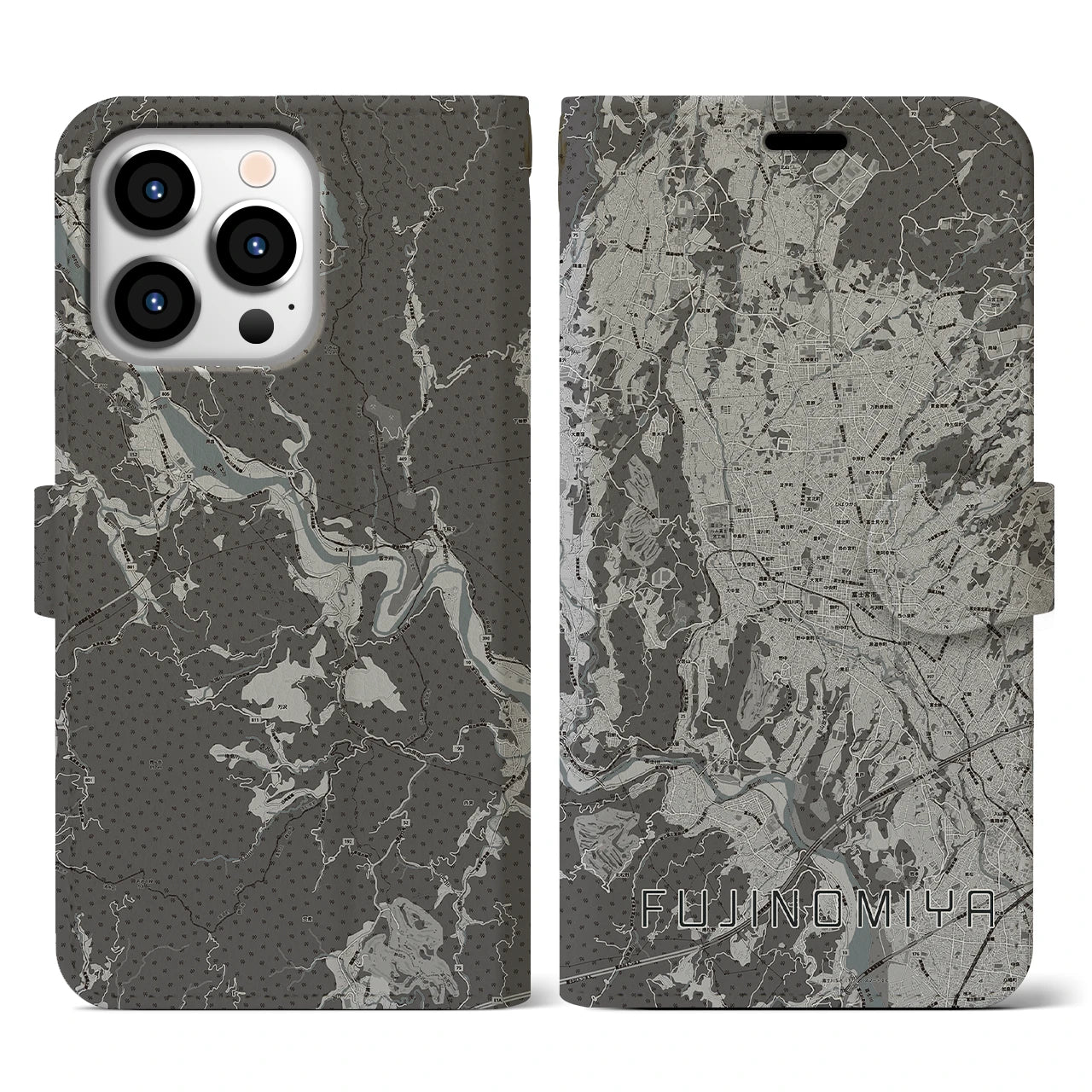 【富士宮(静岡県)】地図柄iPhoneケース(手帳タイプ)モノトーン・iPhone 13 Pro 用