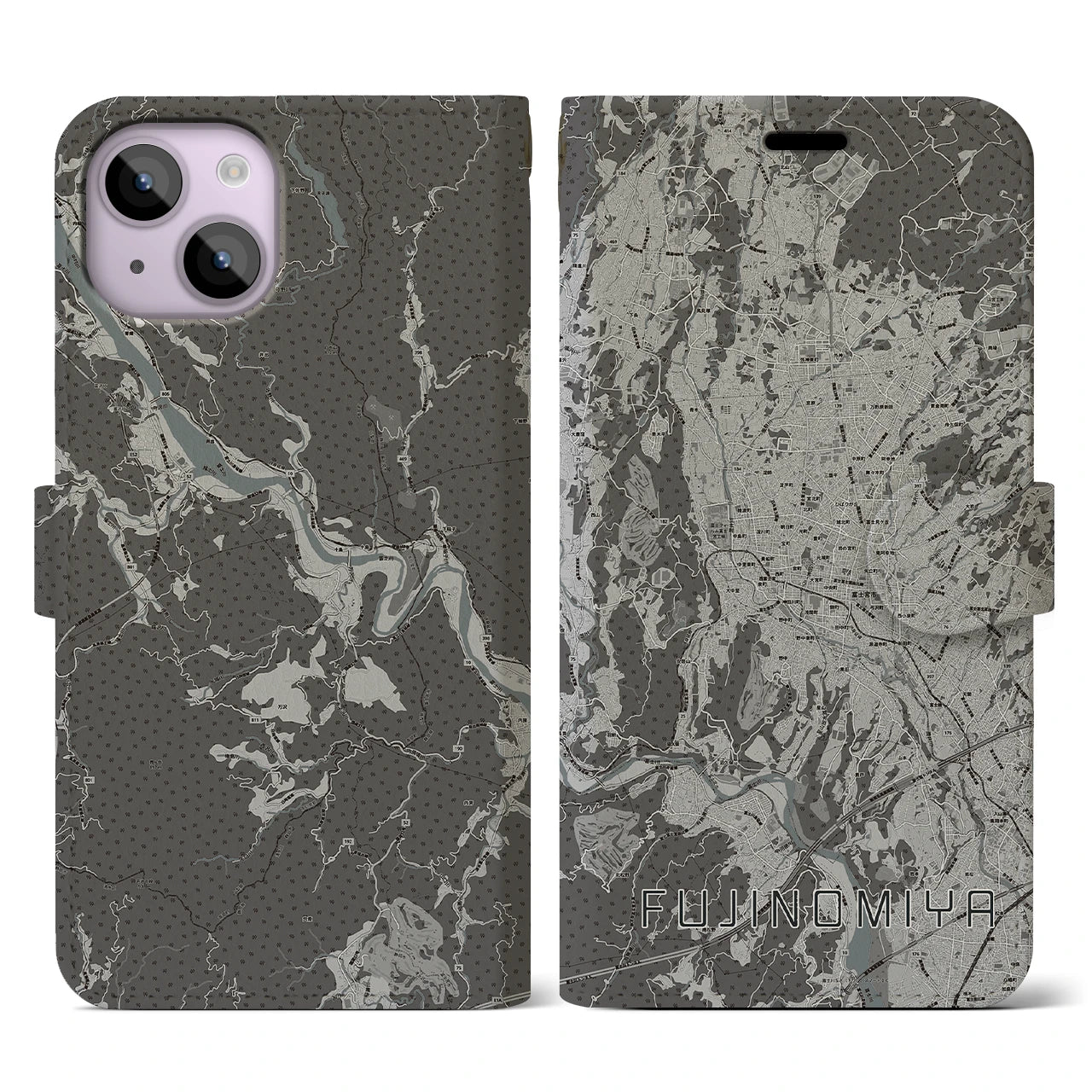 【富士宮(静岡県)】地図柄iPhoneケース(手帳タイプ)モノトーン・iPhone 14 用