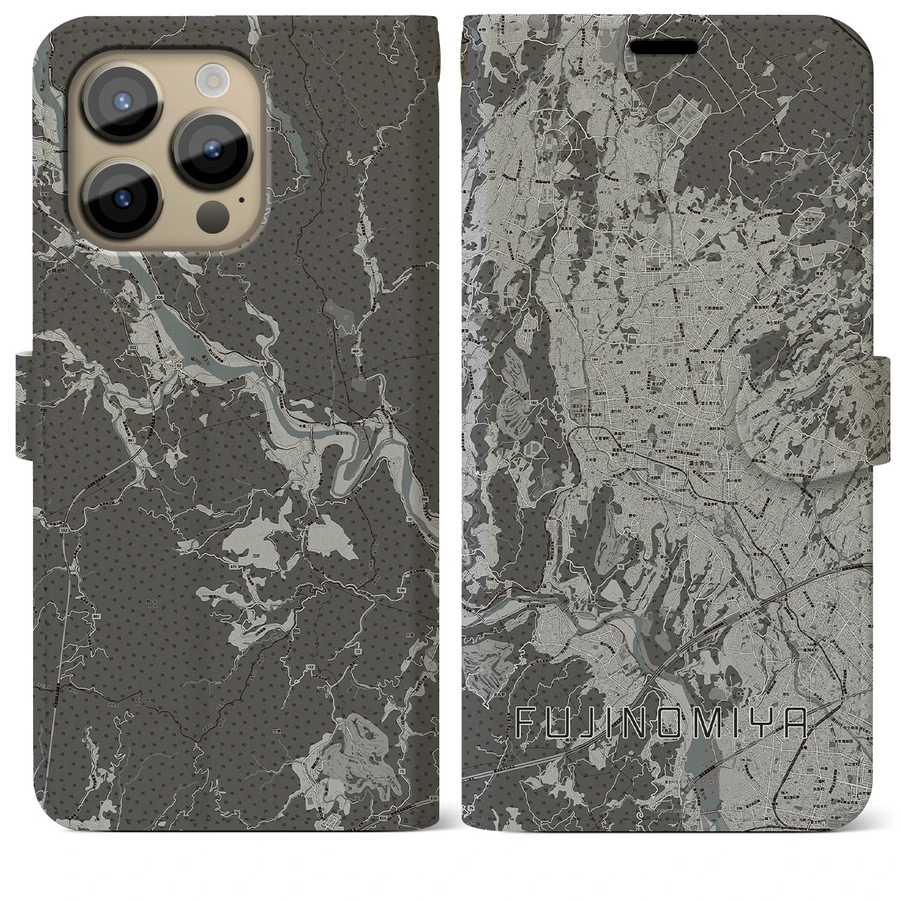 【富士宮(静岡県)】地図柄iPhoneケース(手帳タイプ)モノトーン・iPhone 14 Pro Max 用