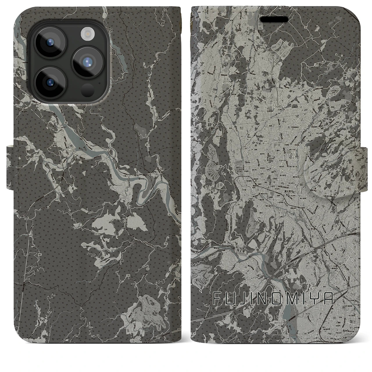 【富士宮(静岡県)】地図柄iPhoneケース(手帳タイプ)モノトーン・iPhone 15 Pro Max 用