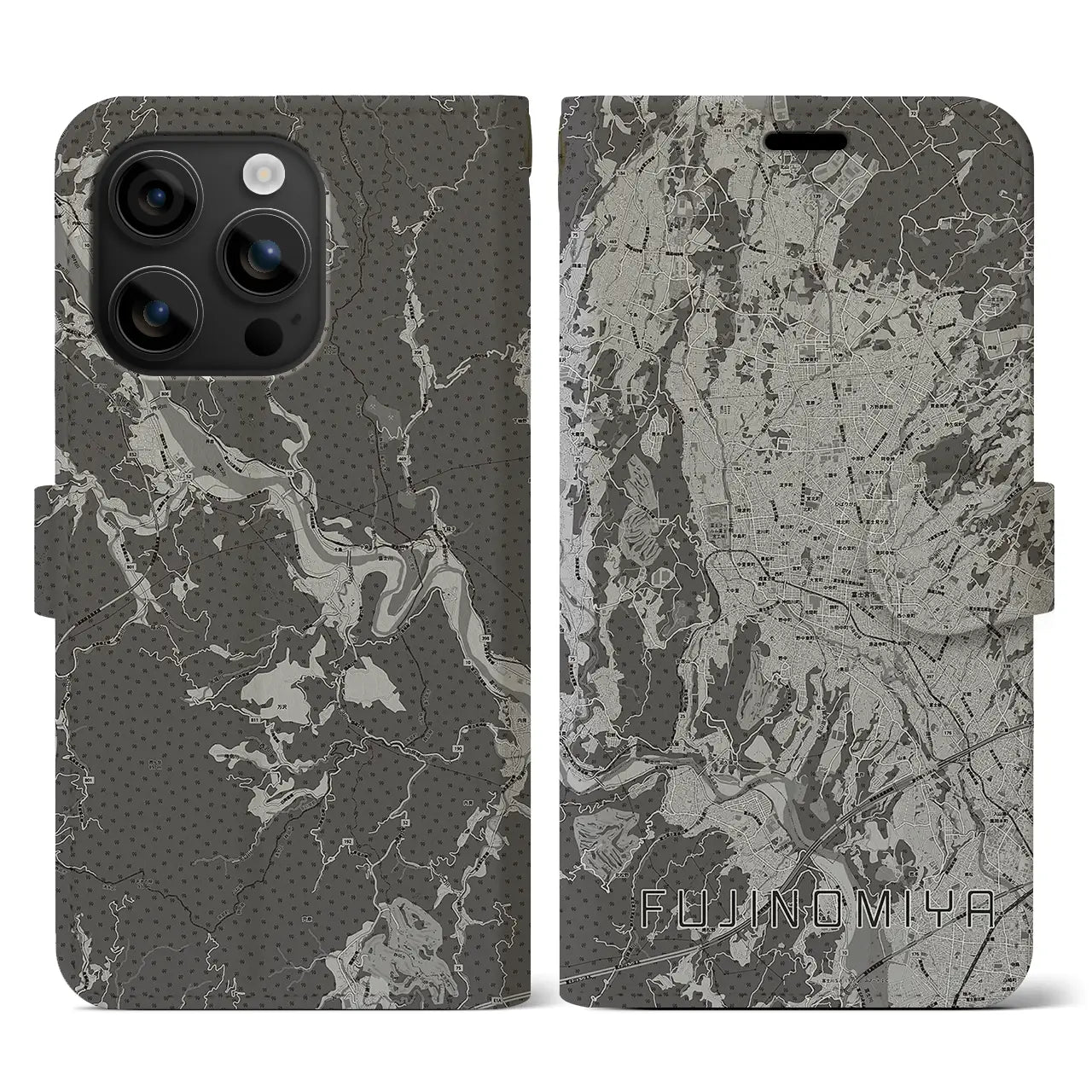 【富士宮(静岡県)】地図柄iPhoneケース(手帳タイプ)モノトーン・iPhone 16 用