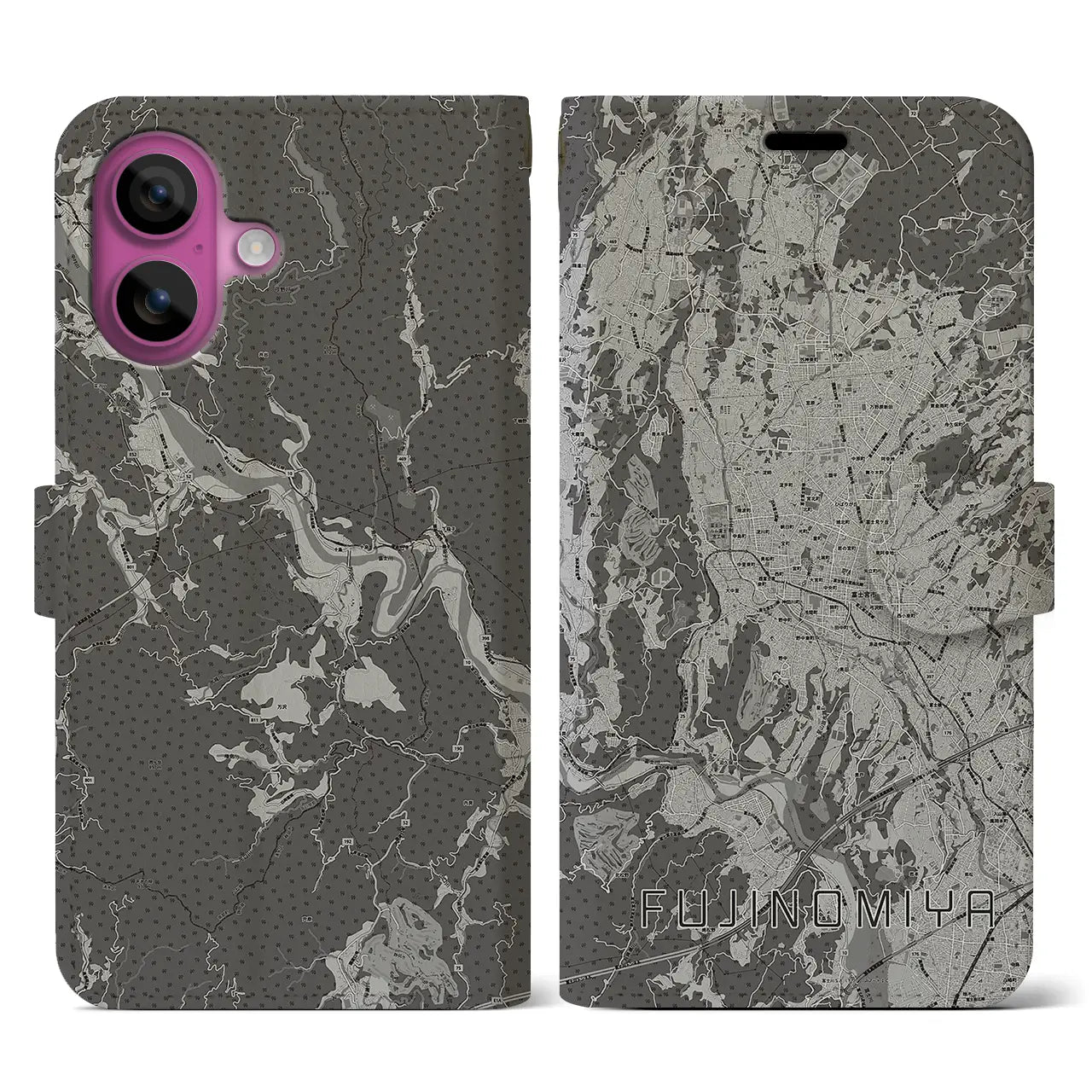 【富士宮(静岡県)】地図柄iPhoneケース(手帳タイプ)モノトーン・iPhone 16 Pro 用
