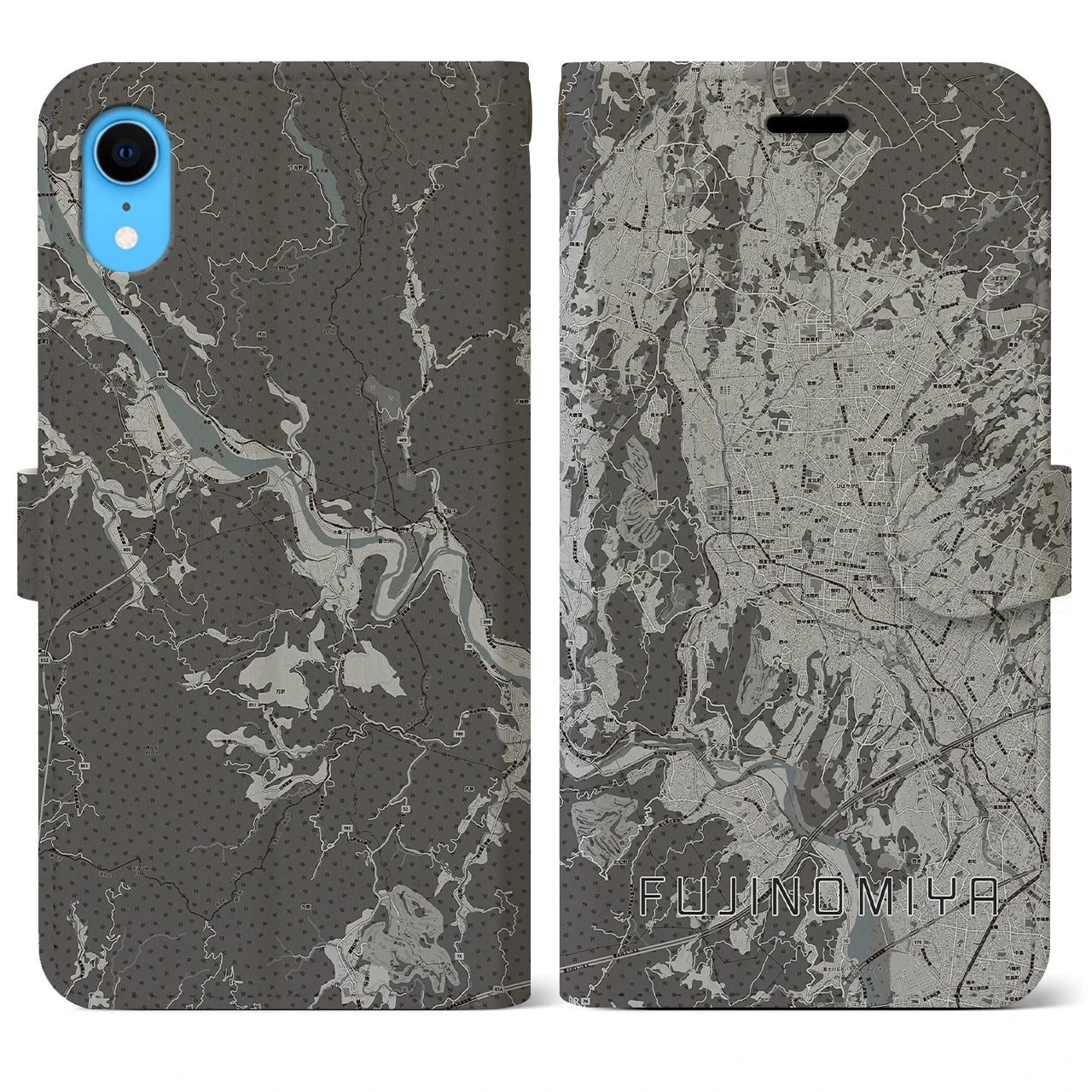 【富士宮(静岡県)】地図柄iPhoneケース(手帳タイプ)モノトーン・iPhone XR 用