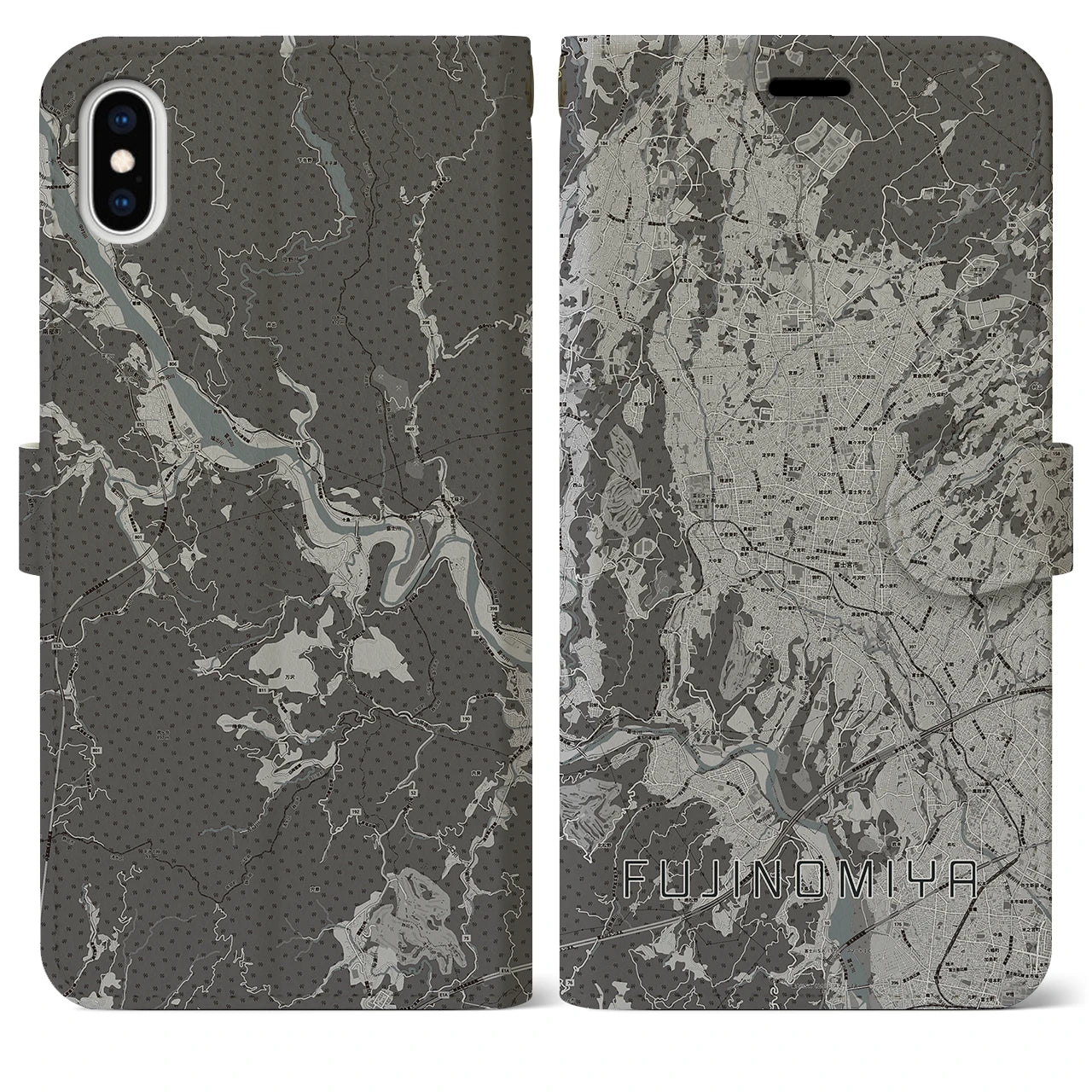 【富士宮(静岡県)】地図柄iPhoneケース(手帳タイプ)モノトーン・iPhone XS Max 用
