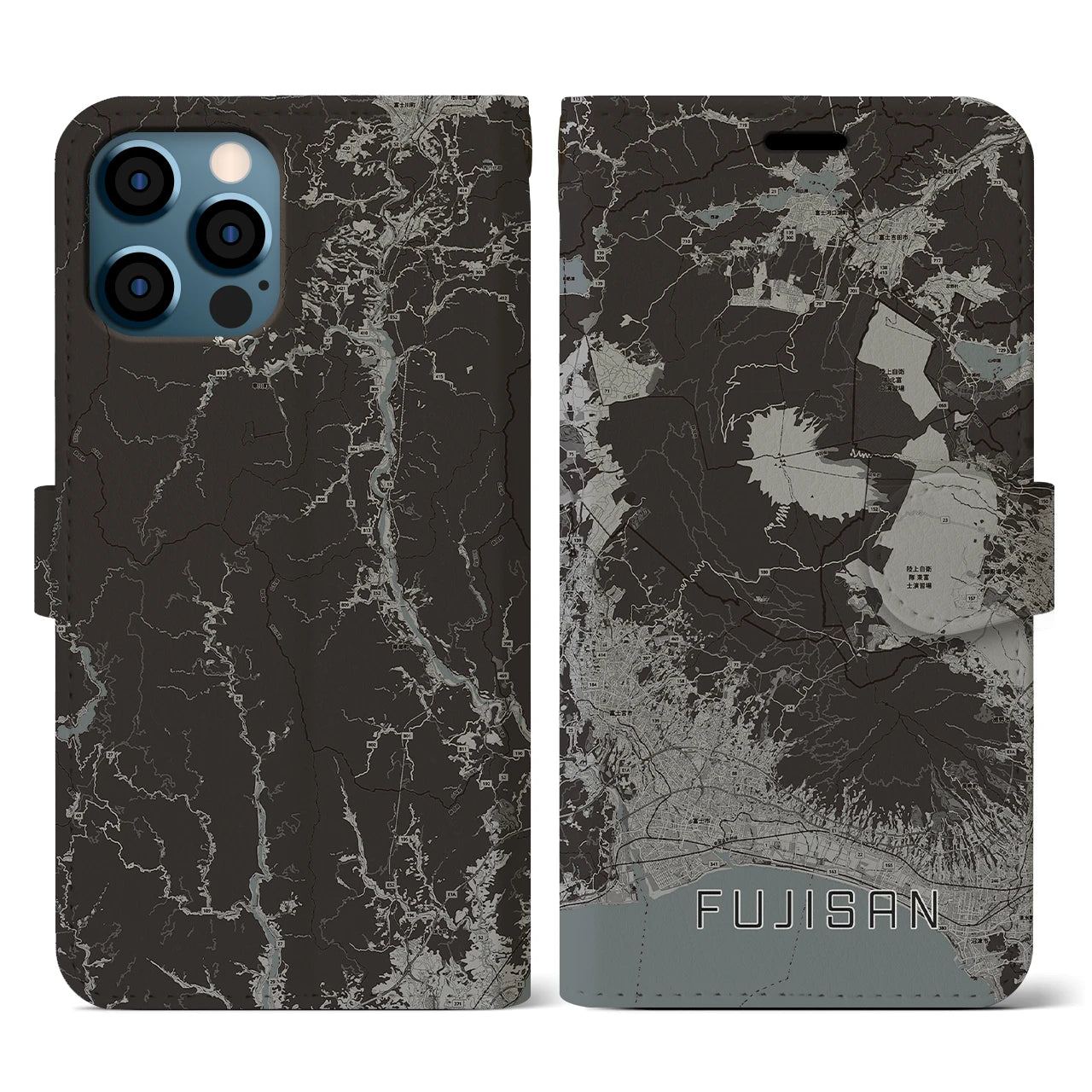 【富士山(静岡県)】地図柄iPhoneケース(手帳タイプ)モノトーン・iPhone 12 / 12 Pro 用