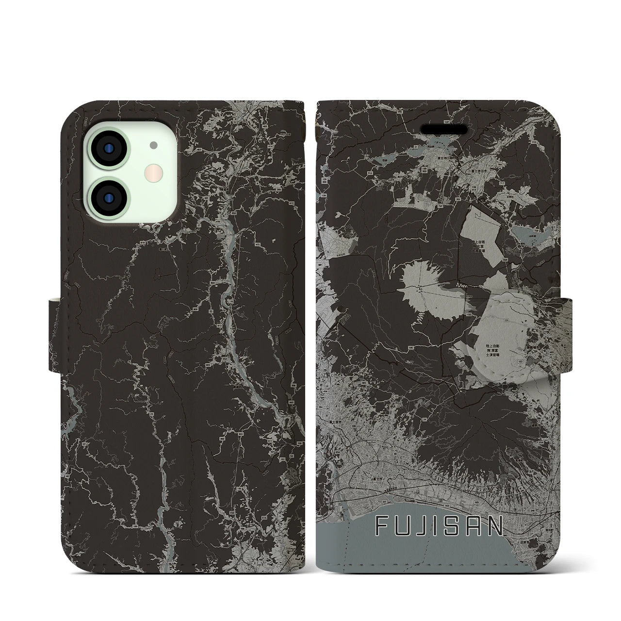 【富士山(静岡県)】地図柄iPhoneケース(手帳タイプ)モノトーン・iPhone 12 mini 用