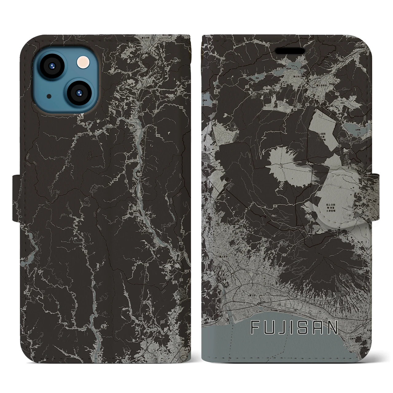 【富士山(静岡県)】地図柄iPhoneケース(手帳タイプ)モノトーン・iPhone 13 用