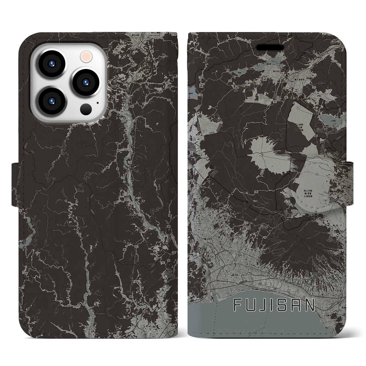 【富士山(静岡県)】地図柄iPhoneケース(手帳タイプ)モノトーン・iPhone 13 Pro 用