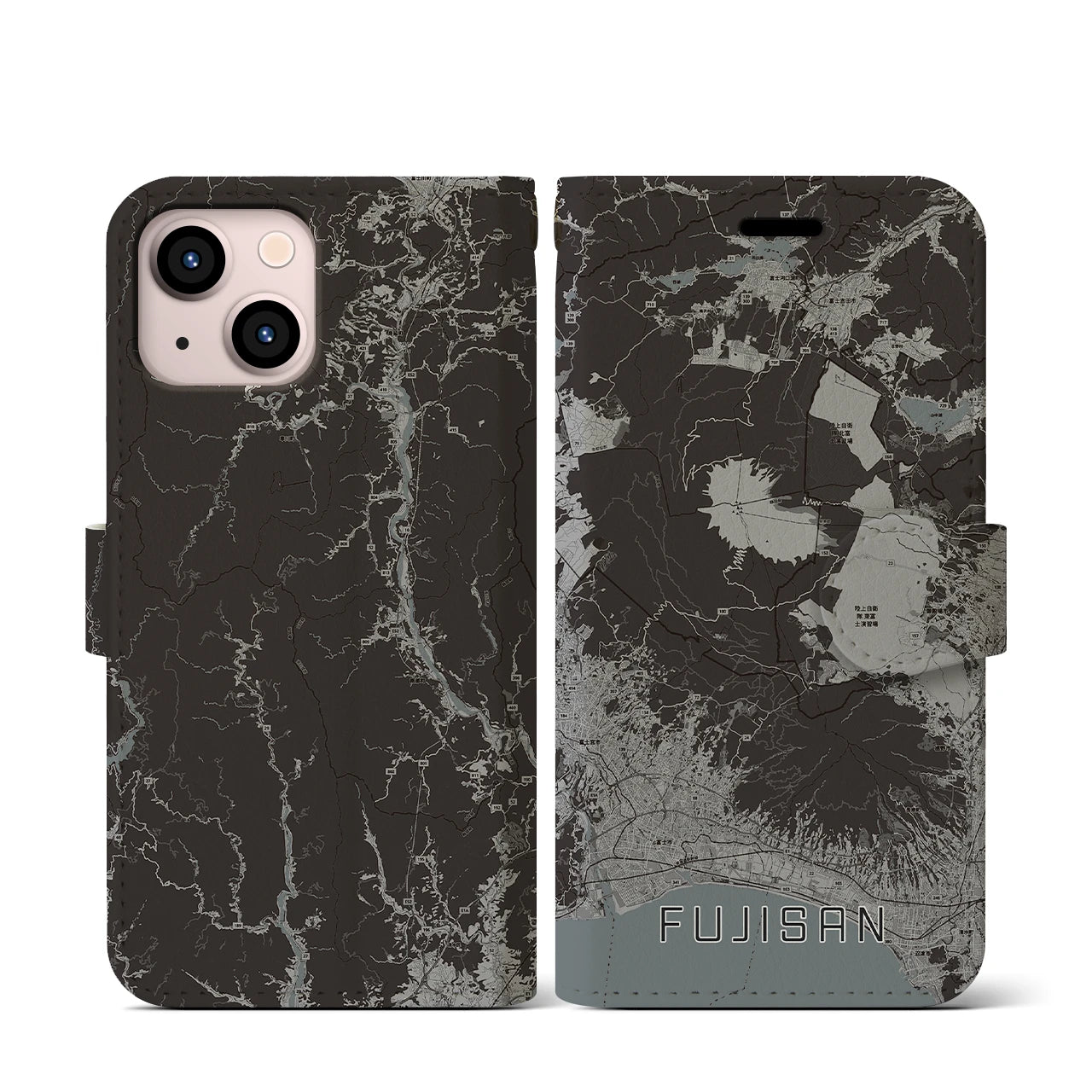 【富士山(静岡県)】地図柄iPhoneケース(手帳タイプ)モノトーン・iPhone 13 mini 用