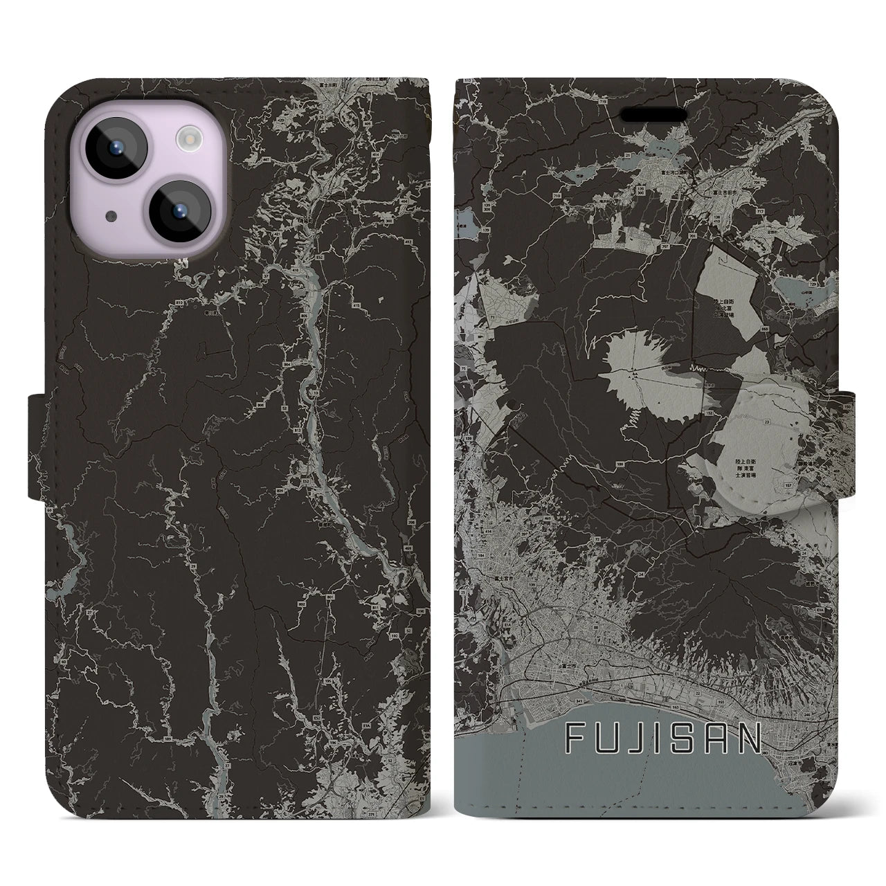 【富士山(静岡県)】地図柄iPhoneケース(手帳タイプ)モノトーン・iPhone 14 用