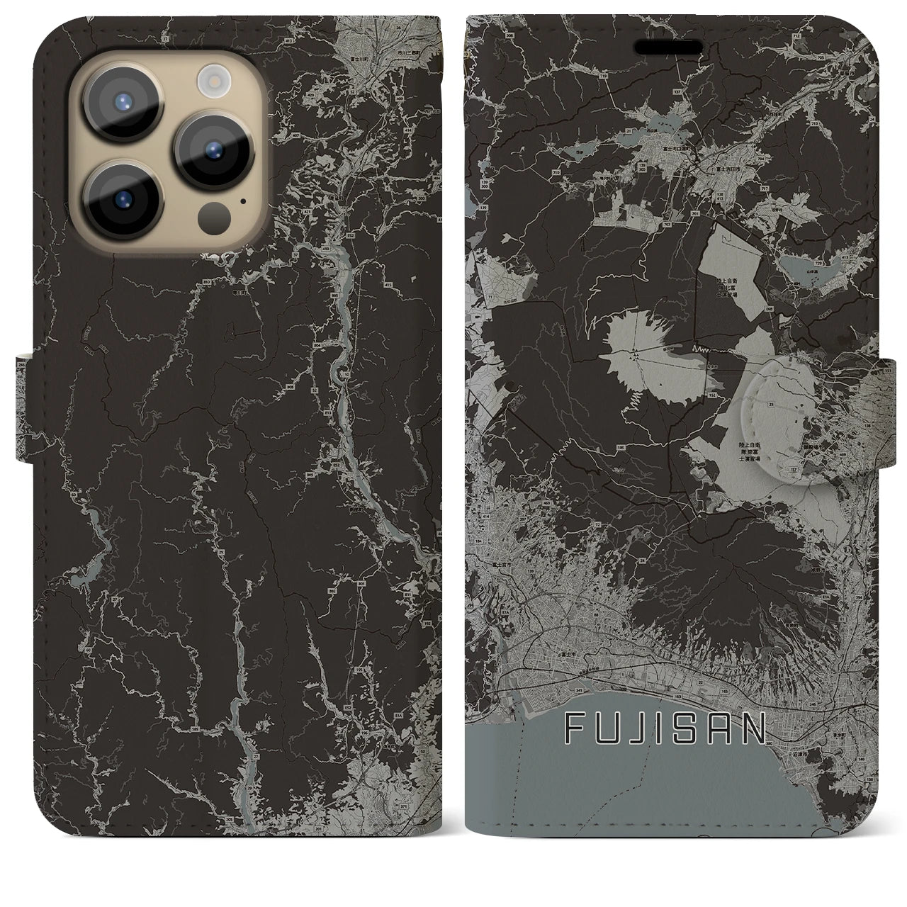 【富士山(静岡県)】地図柄iPhoneケース(手帳タイプ)モノトーン・iPhone 14 Pro Max 用