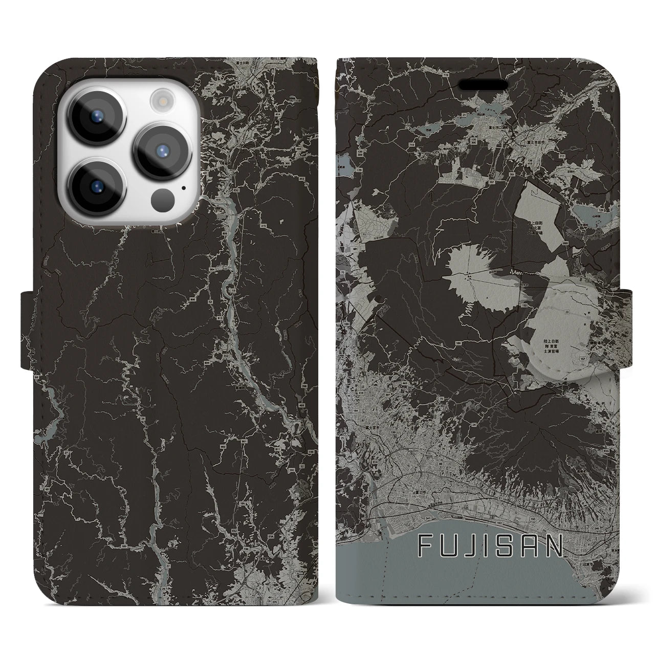 【富士山(静岡県)】地図柄iPhoneケース(手帳タイプ)モノトーン・iPhone 14 Pro 用