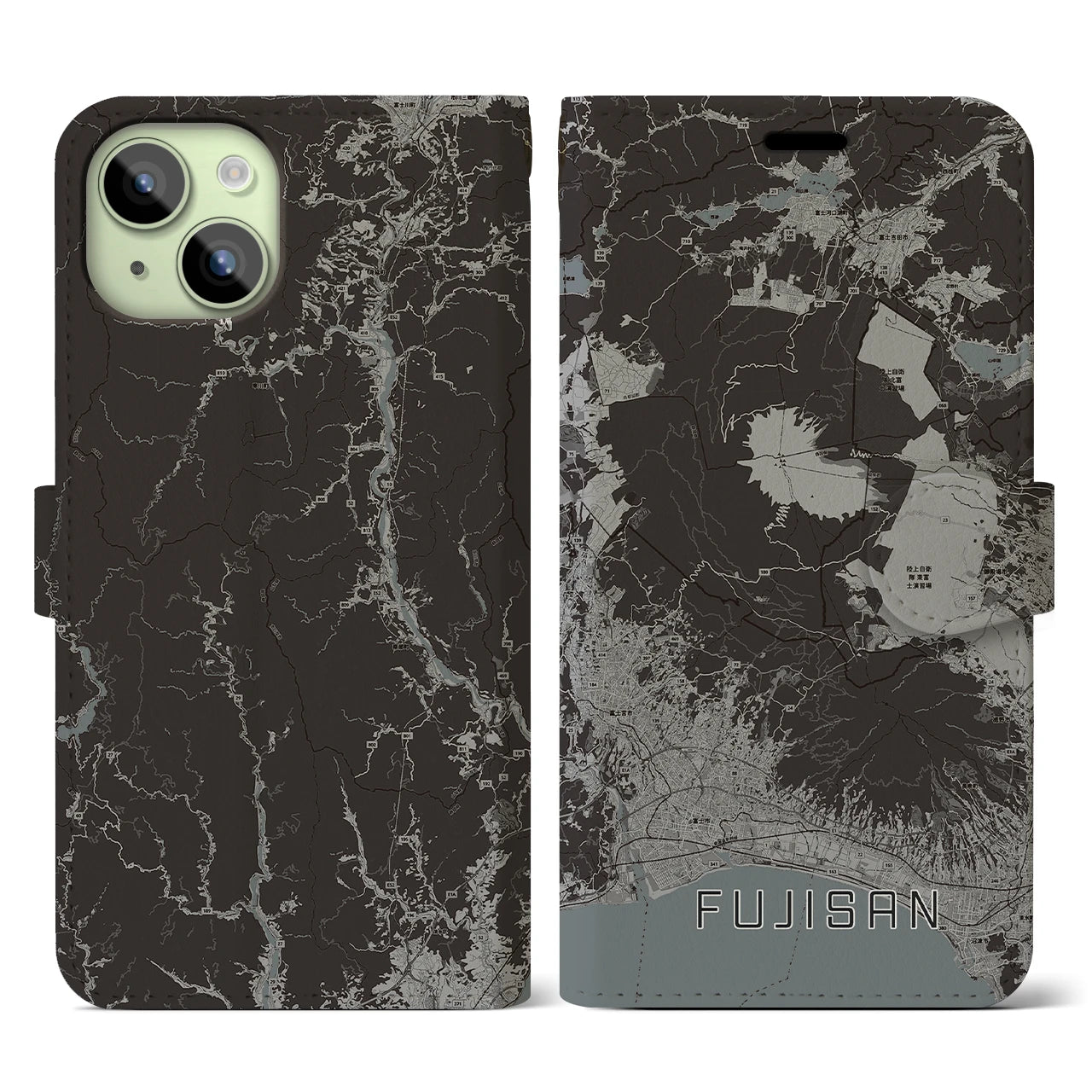【富士山(静岡県)】地図柄iPhoneケース(手帳タイプ)モノトーン・iPhone 15 用