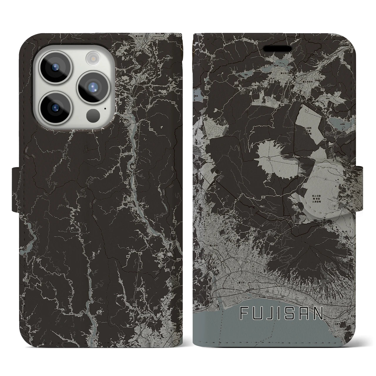 【富士山(静岡県)】地図柄iPhoneケース(手帳タイプ)モノトーン・iPhone 15 Pro 用