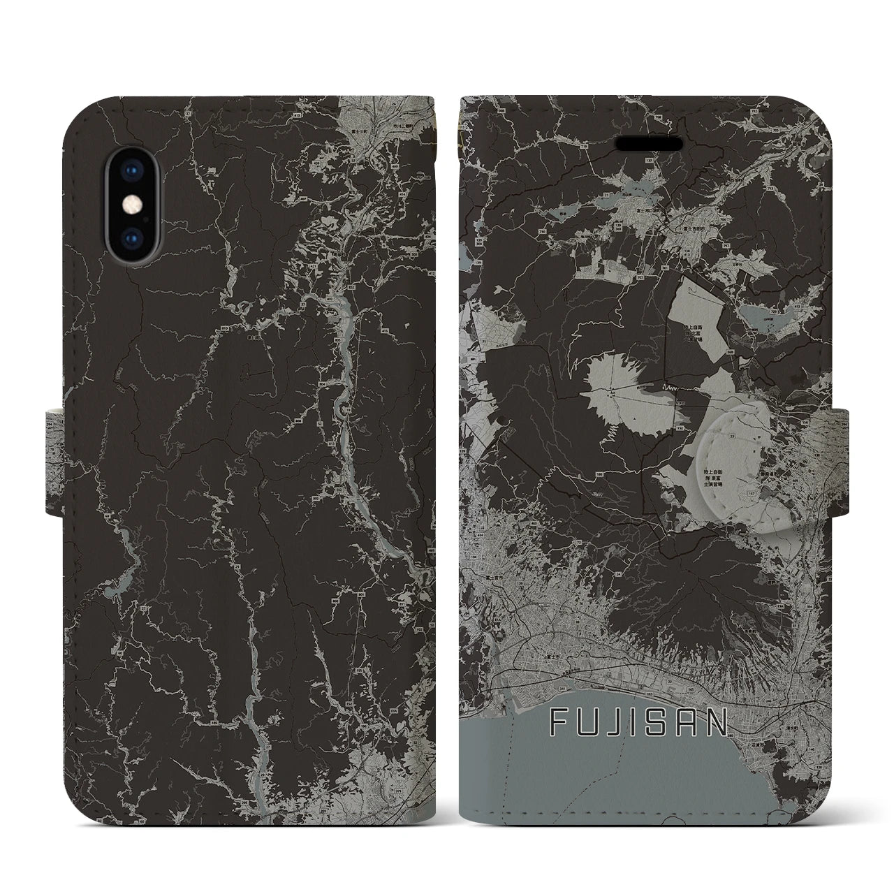【富士山(静岡県)】地図柄iPhoneケース(手帳タイプ)モノトーン・iPhone XS / X 用