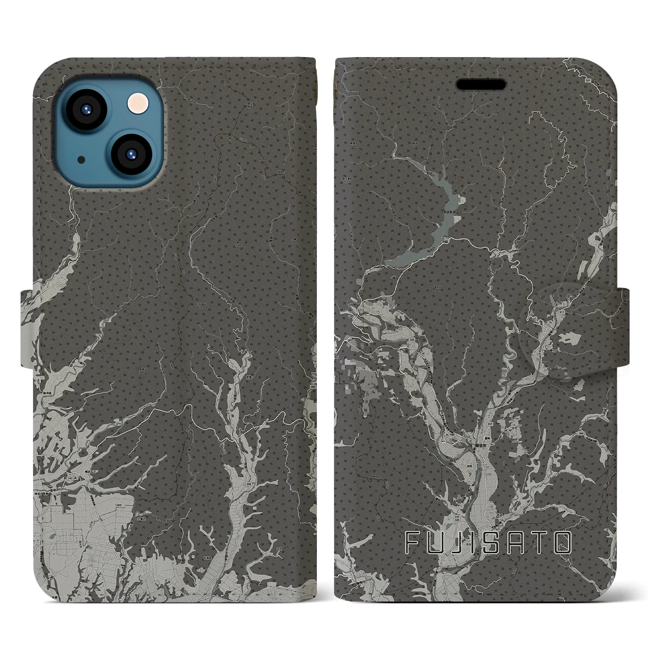【藤里(秋田県)】地図柄iPhoneケース(手帳タイプ)モノトーン・iPhone 13 用