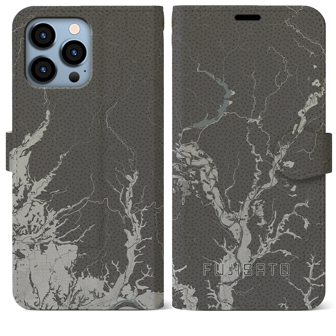 【藤里(秋田県)】地図柄iPhoneケース(手帳タイプ)モノトーン・iPhone 13 Pro Max 用