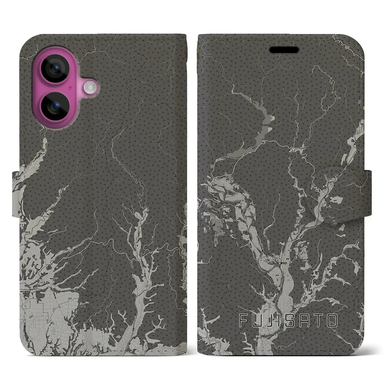 【藤里(秋田県)】地図柄iPhoneケース(手帳タイプ)モノトーン・iPhone 16 Pro 用