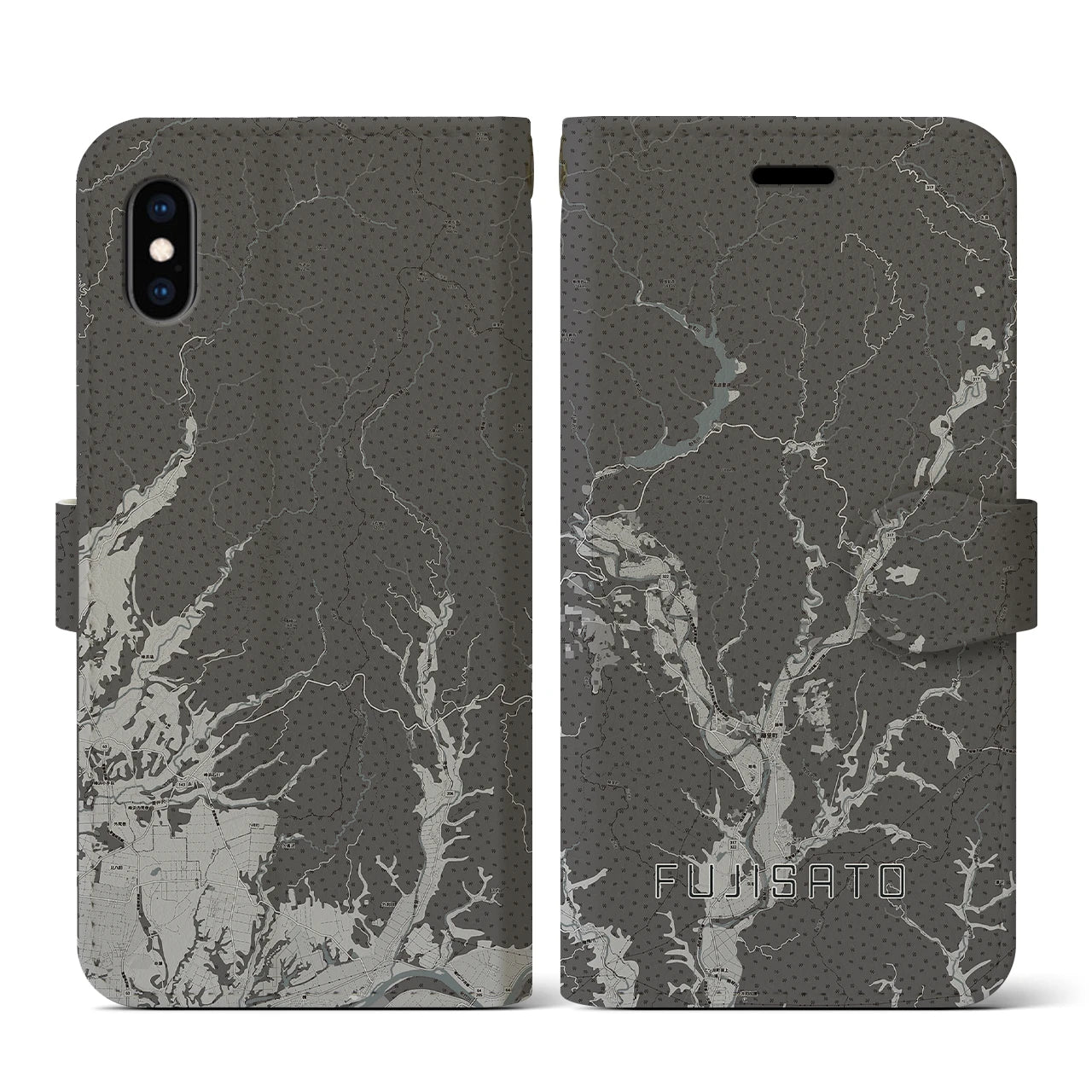 【藤里(秋田県)】地図柄iPhoneケース(手帳タイプ)モノトーン・iPhone XS / X 用
