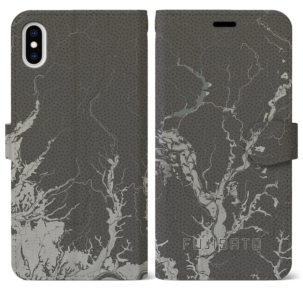 【藤里(秋田県)】地図柄iPhoneケース(手帳タイプ)モノトーン・iPhone XS Max 用