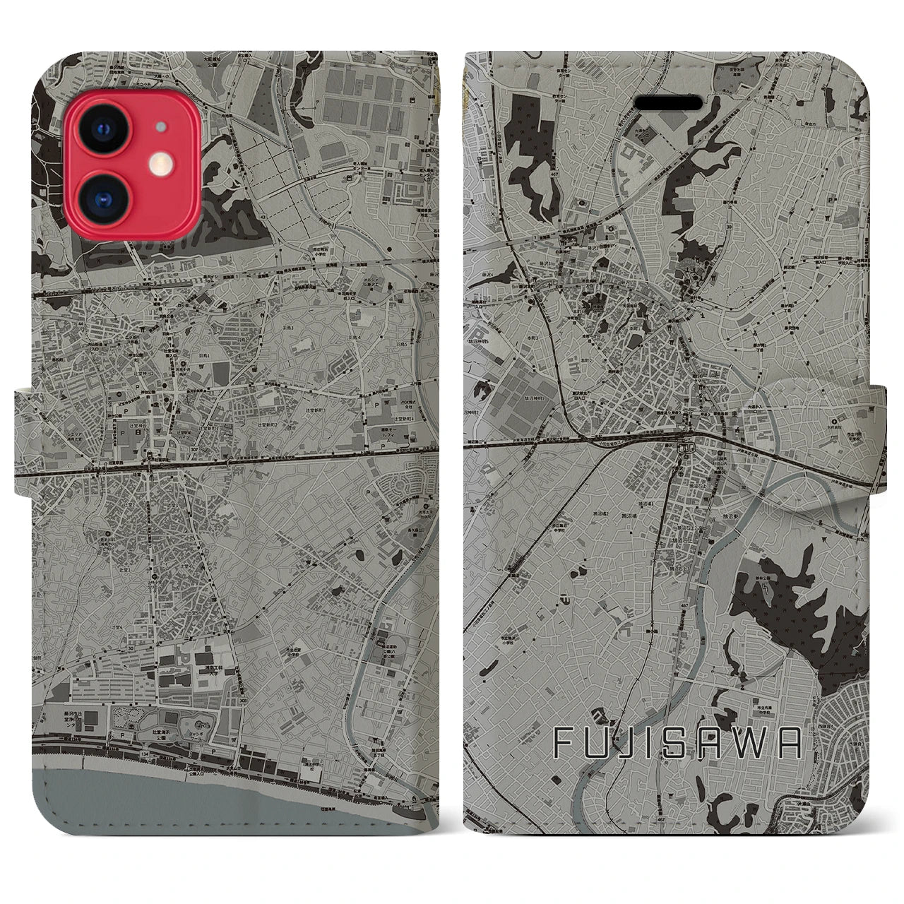【藤沢(神奈川県)】地図柄iPhoneケース(手帳タイプ)モノトーン・iPhone 11 用