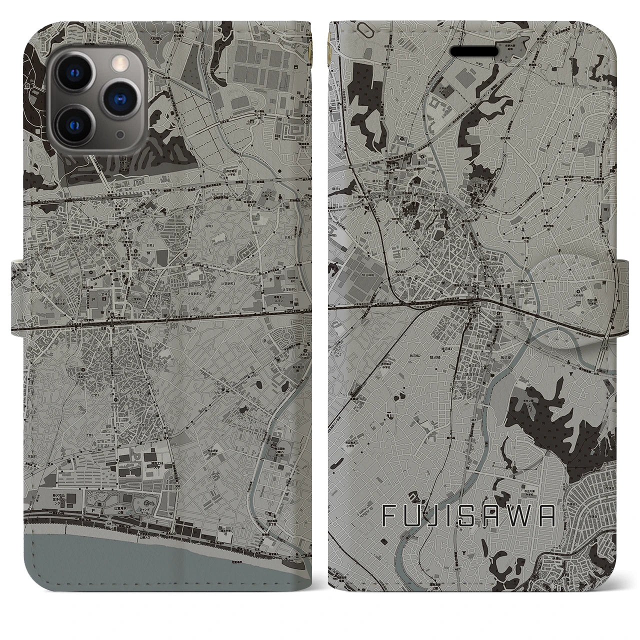 【藤沢(神奈川県)】地図柄iPhoneケース(手帳タイプ)モノトーン・iPhone 11 Pro Max 用
