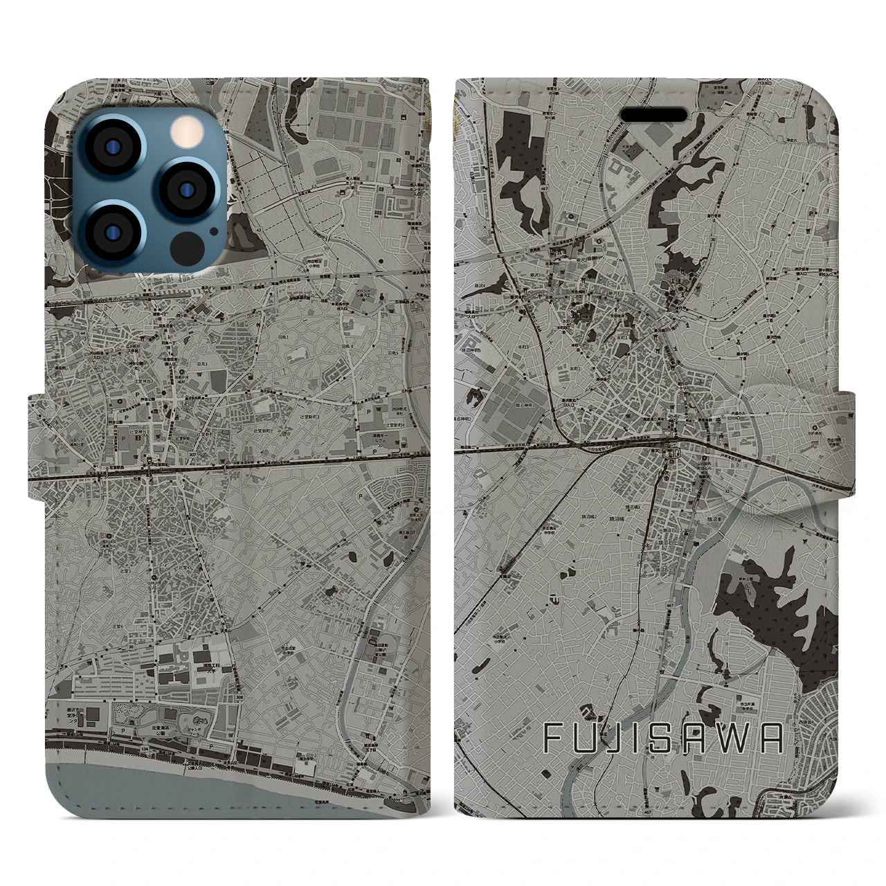 【藤沢(神奈川県)】地図柄iPhoneケース(手帳タイプ)モノトーン・iPhone 12 / 12 Pro 用